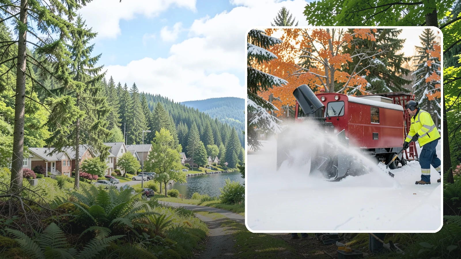 Snow Blower Service in Lake Forest Park, King County, WA - Our commercial snow blowers throw snow well clear of walkways, drives, and entries for a clean finish.