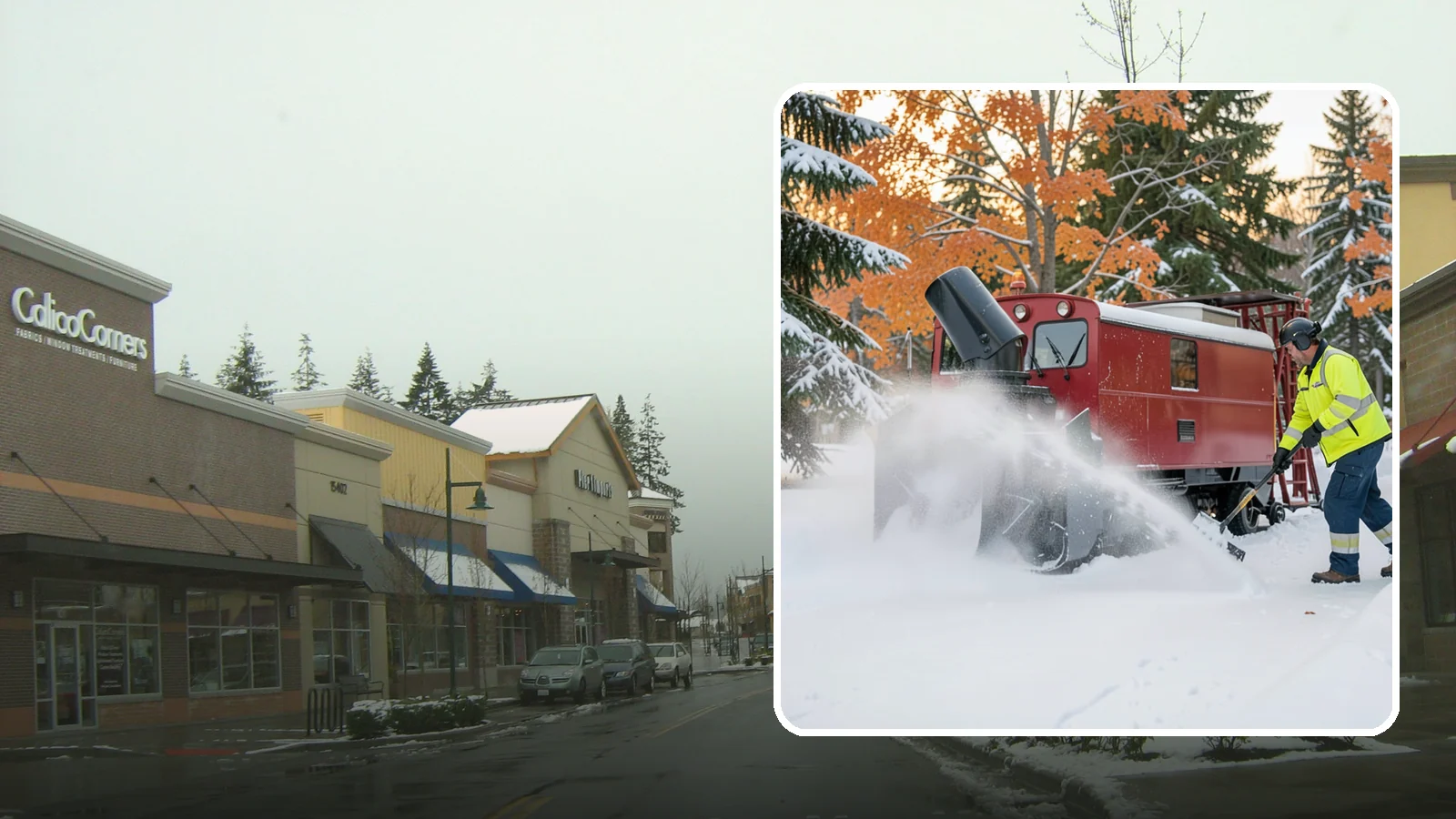 Snow Blower Service in Mill Creek, Snohomish County, WA - Our commercial snow blowers throw snow well clear of walkways, drives, and entries for a clean finish.