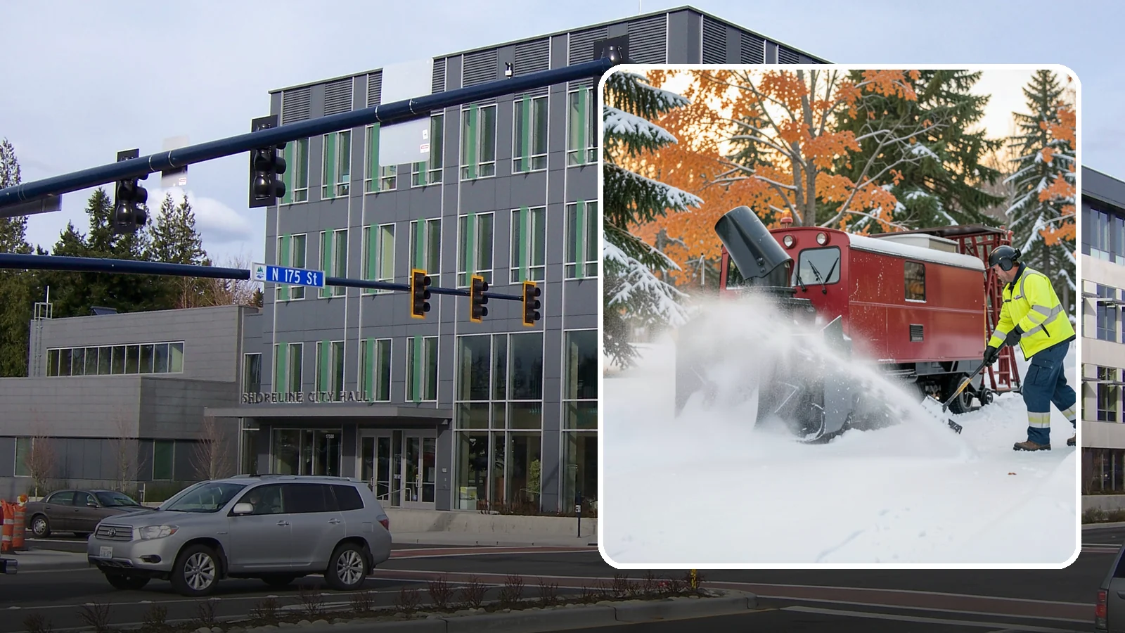Snow Blower Service in Shoreline, King County, WA - Our commercial snow blowers throw snow well clear of walkways, drives, and entries for a clean finish.