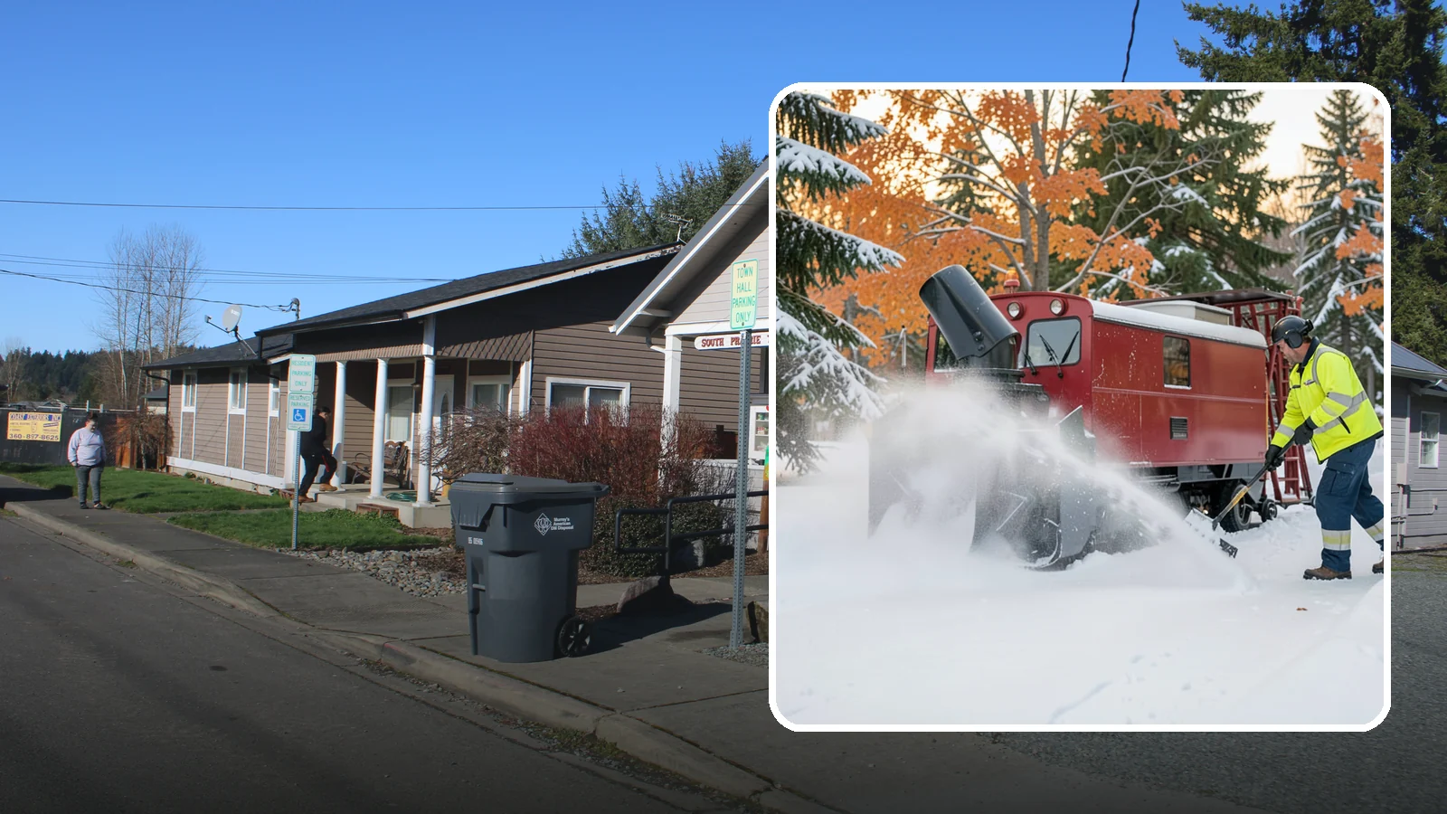 Snow Blower Service in South Prairie, Pierce County, WA - Our commercial snow blowers throw snow well clear of walkways, drives, and entries for a clean finish.