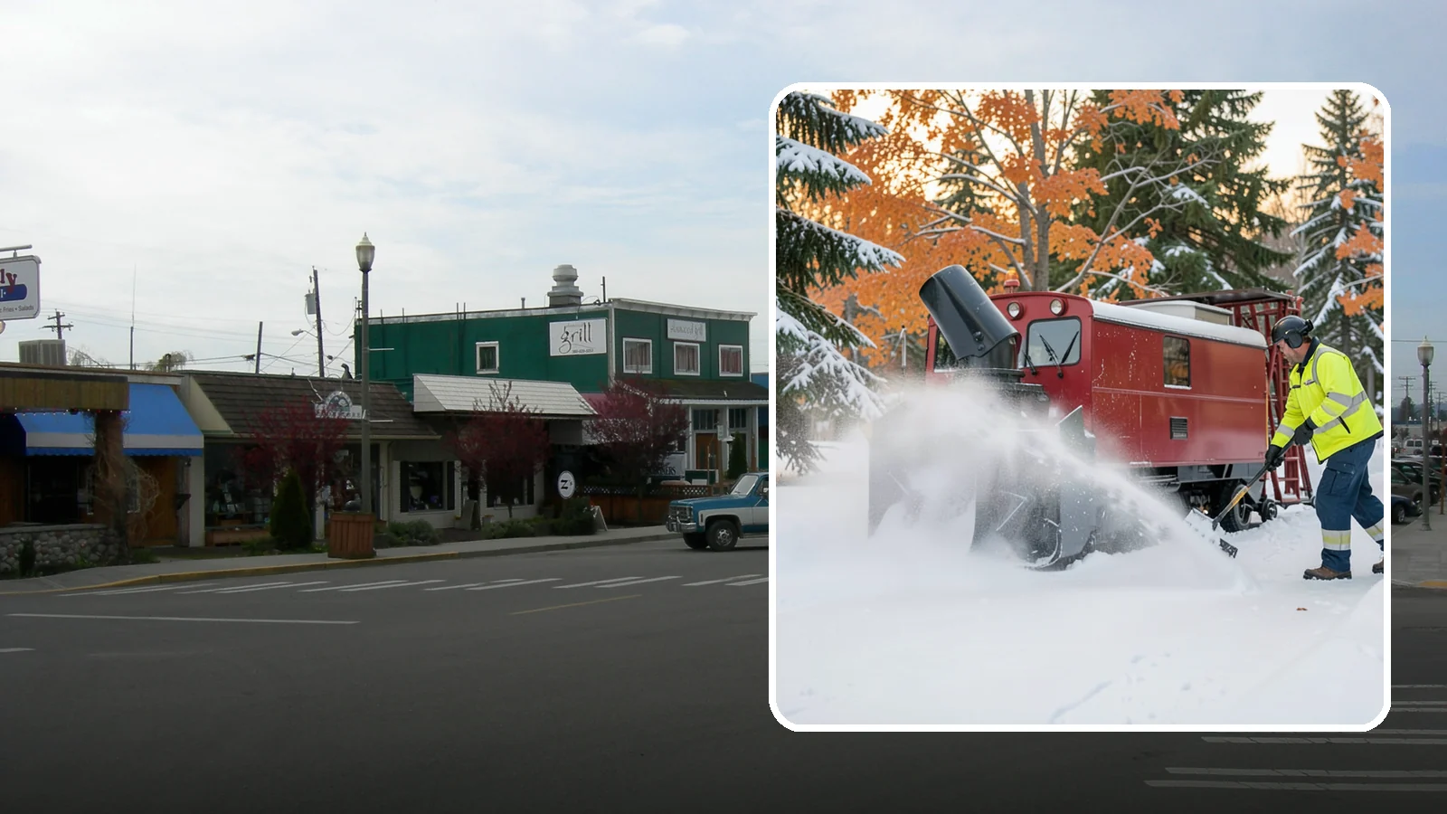 Snow Blower Service in Stanwood, Snohomish County, WA - Our commercial snow blowers throw snow well clear of walkways, drives, and entries for a clean finish.