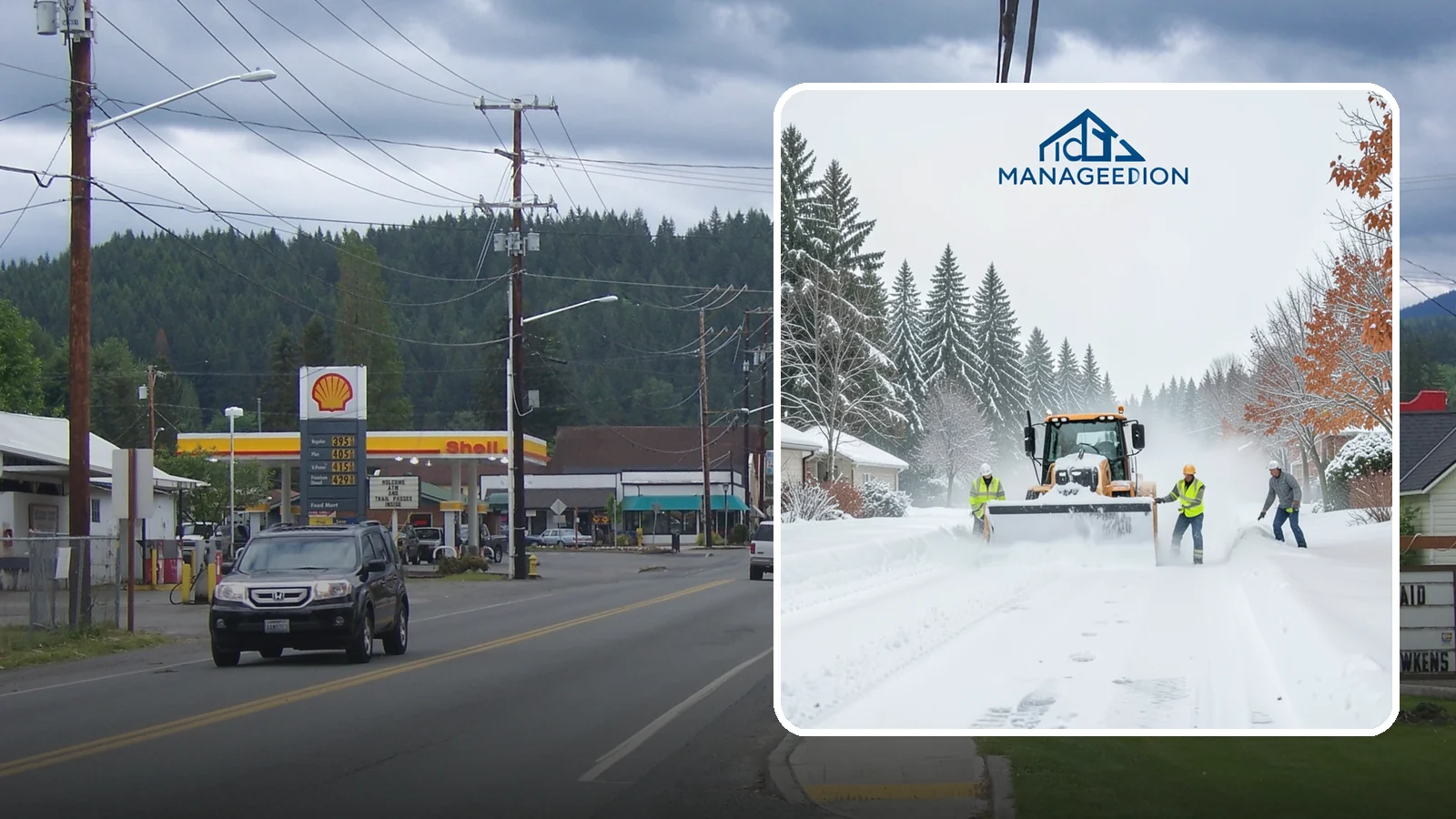 Snow Plowing in Granite Falls, Snohomish County, WA - Our truck-mounted snow plowing quickly clears driveways, lots, and access roads across Western Washington.