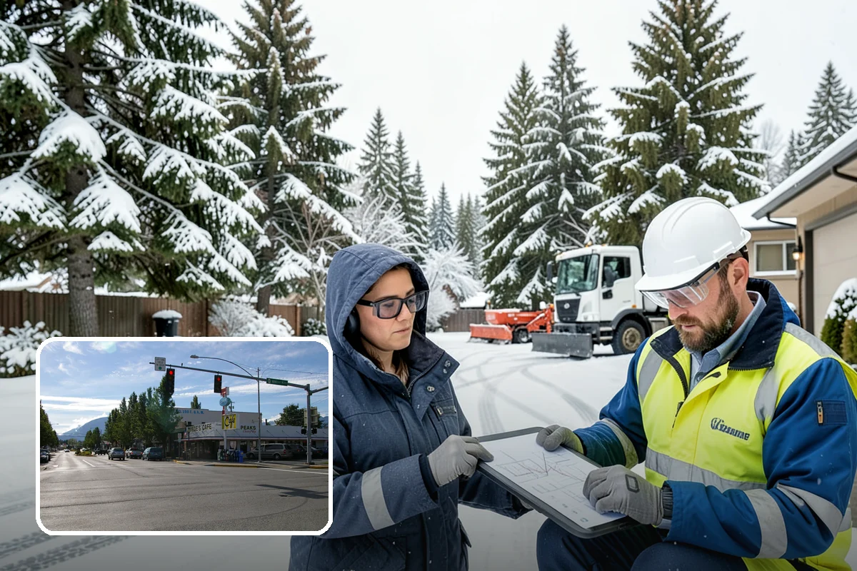Snow Plowing in North Bend, King County, WA - Rapid clearing of large paved areas