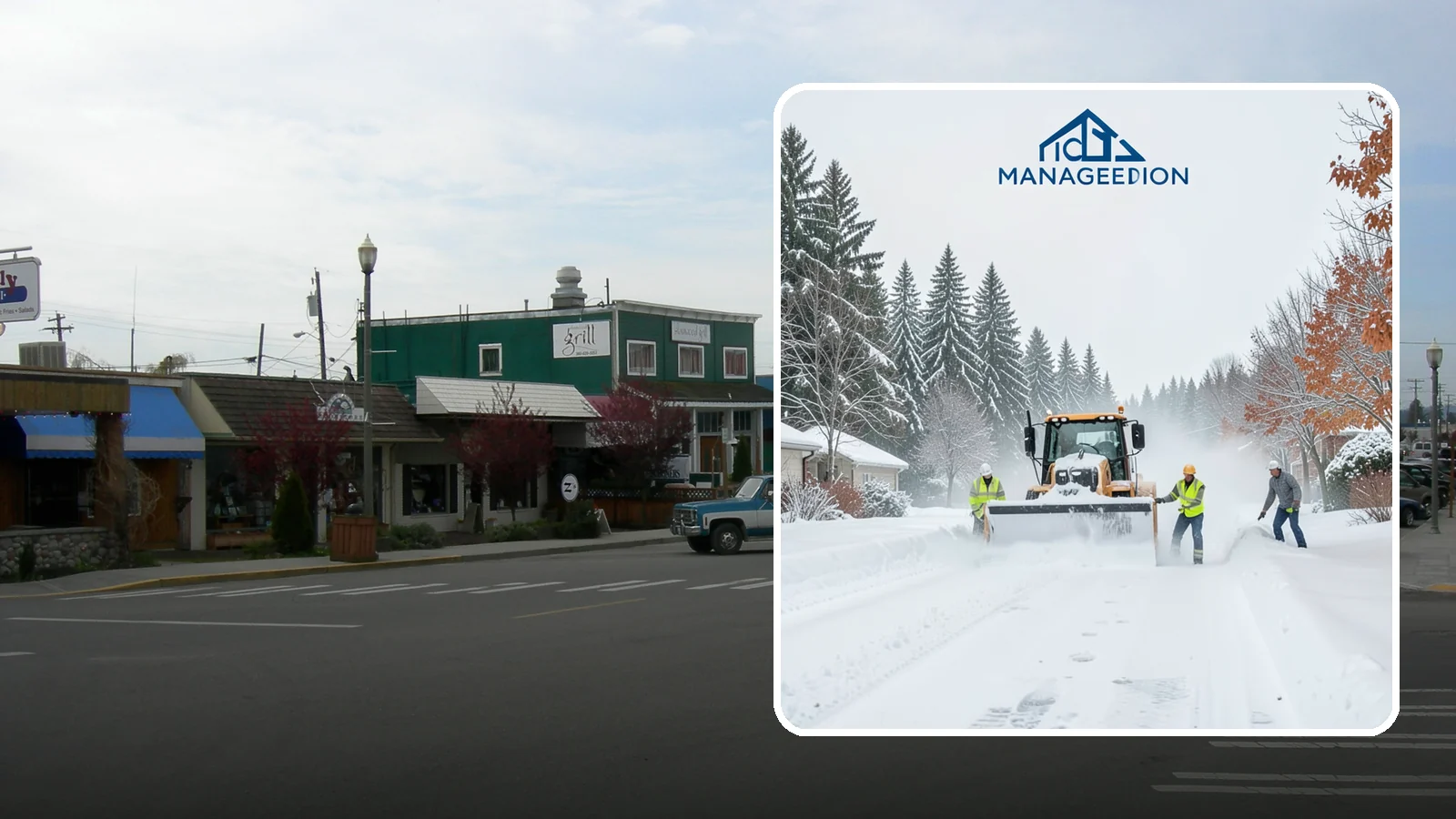 Snow Plowing in Stanwood, Snohomish County, WA - Our truck-mounted snow plowing quickly clears driveways, lots, and access roads across Western Washington.