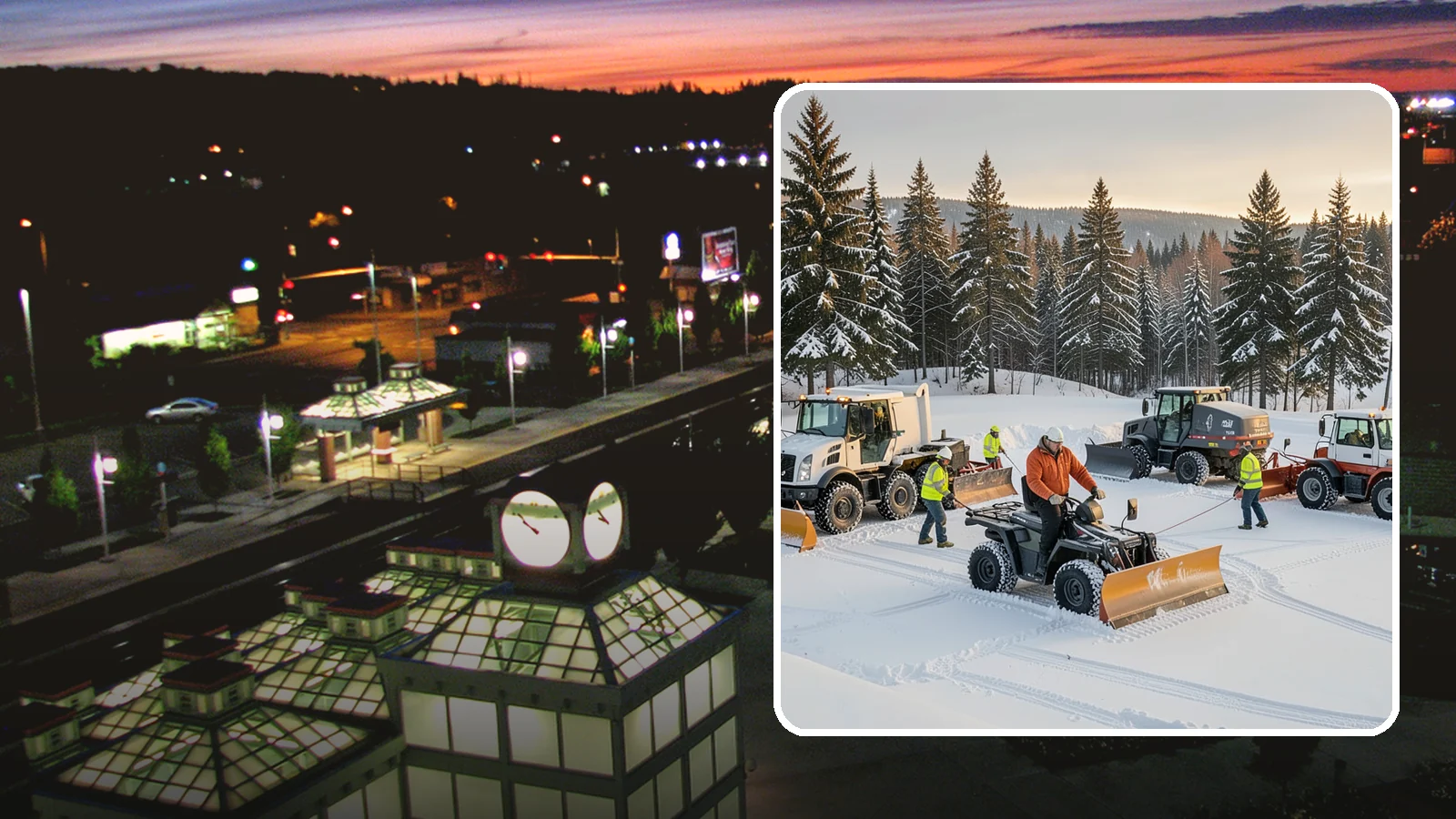 Snow Pusher Service in Auburn, King County, WA - Our box-blade snow pushers clear wide open lots quickly by moving large volumes in every pass.
