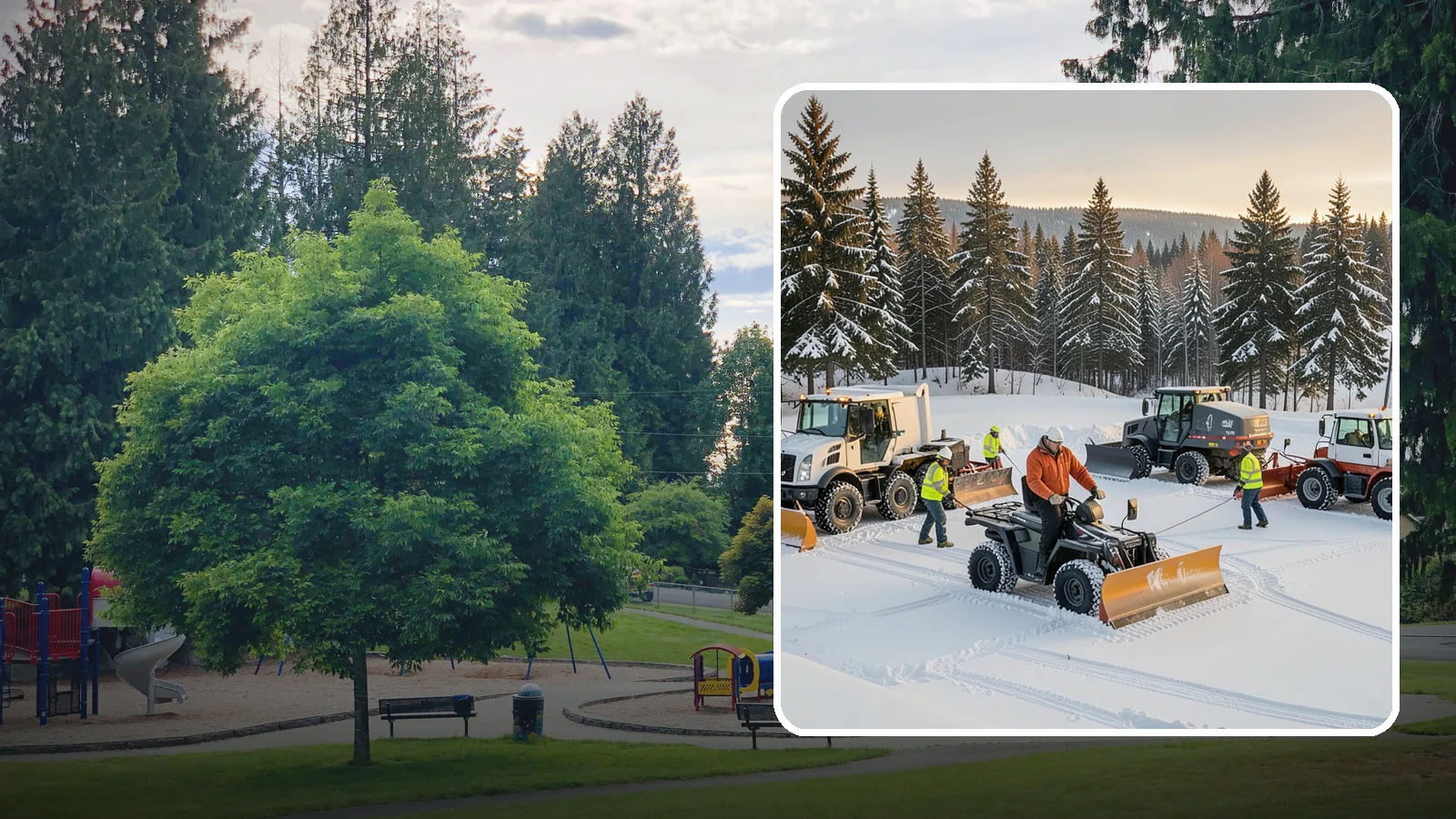 Snow Pusher Service in Bonney Lake, Pierce County, WA - Our box-blade snow pushers clear wide open lots quickly by moving large volumes in every pass.