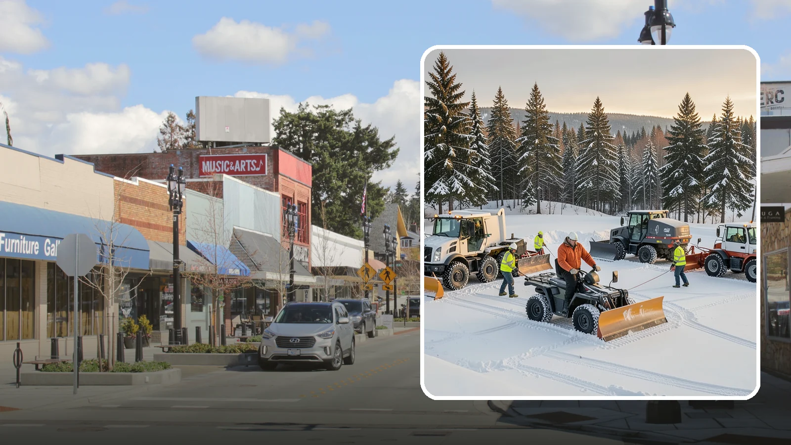 Snow Pusher Service in Bothell, King County, WA - Our box-blade snow pushers clear wide open lots quickly by moving large volumes in every pass.