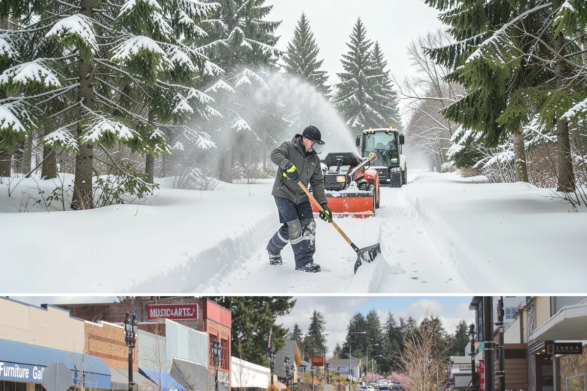Snow Pusher Service in Bothell, King County, WA - Snow pusher service is in demand throughout the lowland snow season from late November through February on large commercial lots.