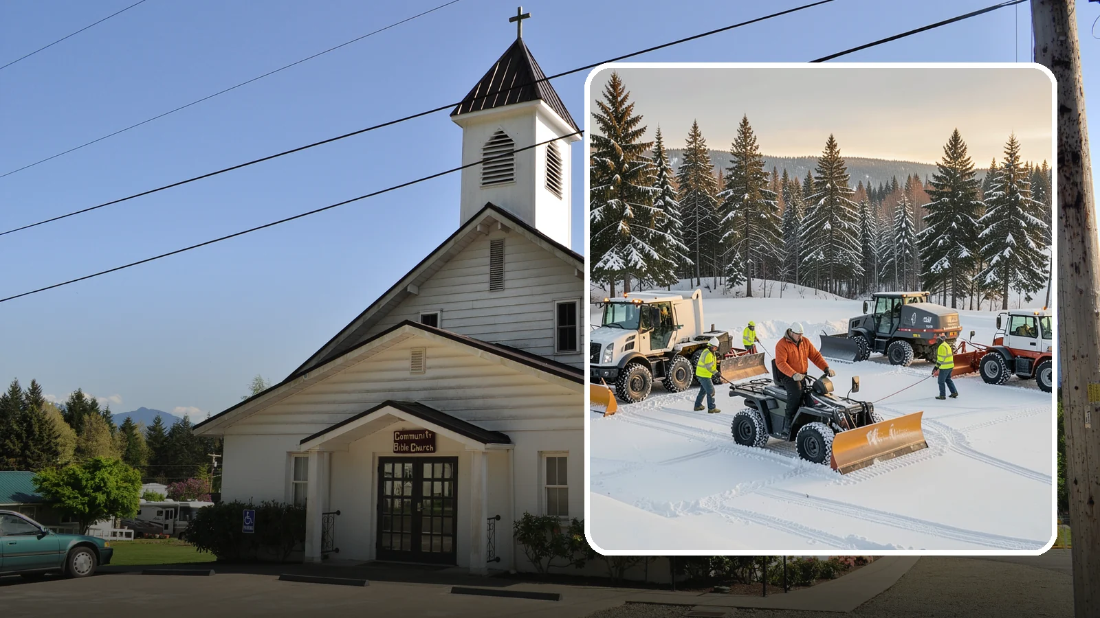 Snow Pusher Service in Concrete, Skagit County, WA - Our box-blade snow pushers clear wide open lots quickly by moving large volumes in every pass.