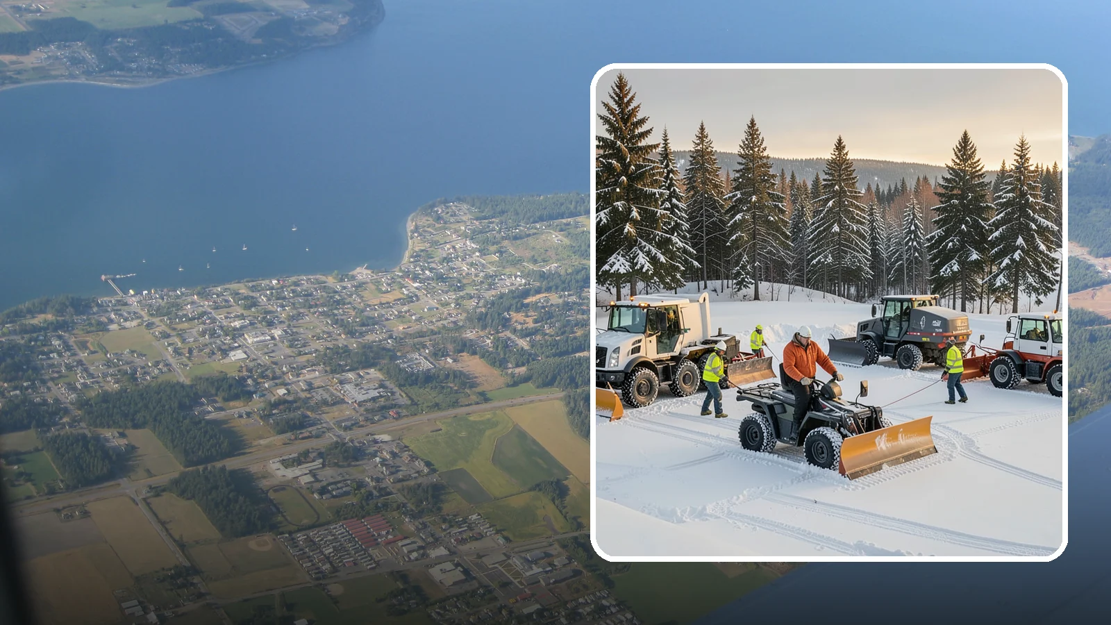 Snow Pusher Service in Coupeville, Island County, WA - Our box-blade snow pushers clear wide open lots quickly by moving large volumes in every pass.