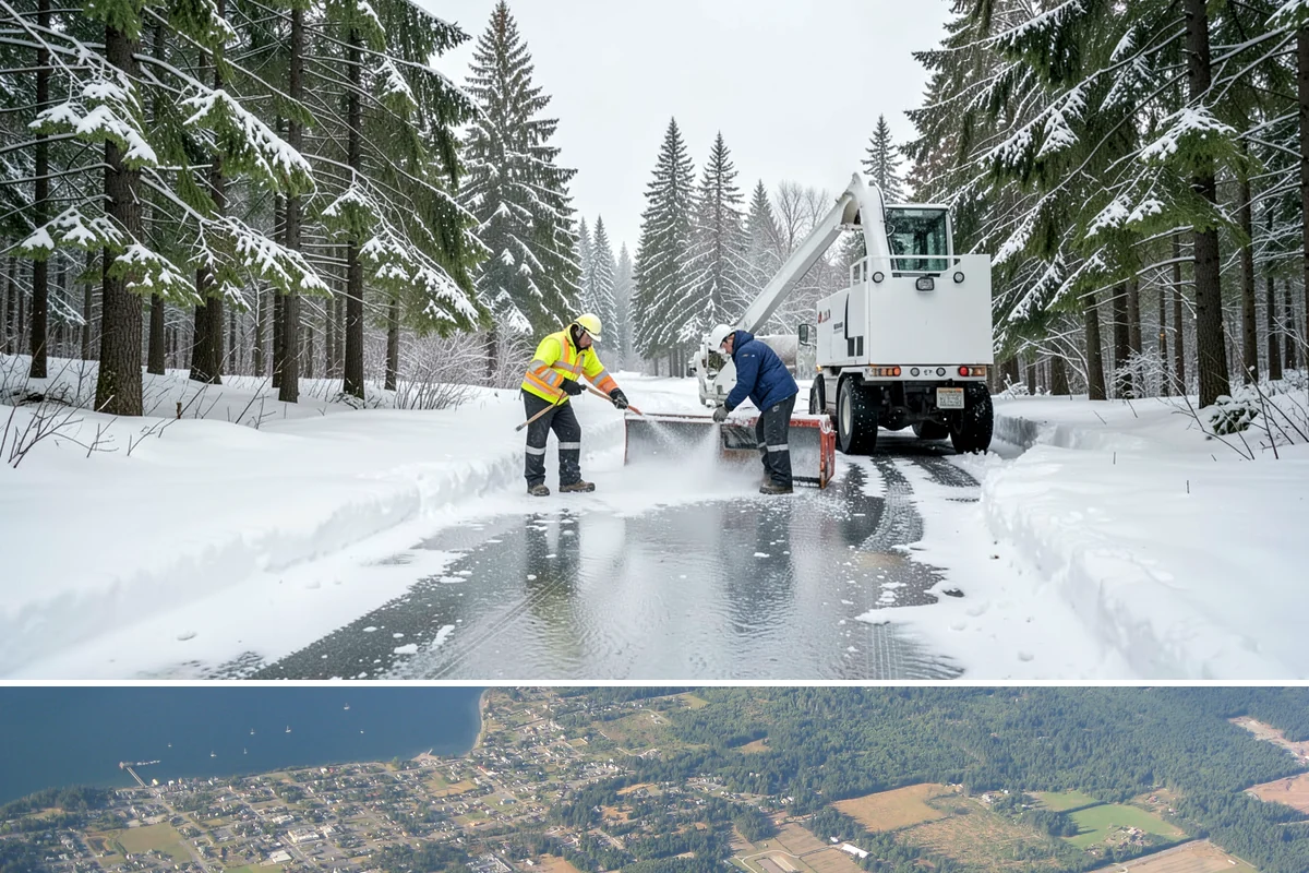 Snow Pusher Service in Coupeville, Island County, WA - Snow pusher service is in demand throughout the lowland snow season from late November through February on large commercial lots.