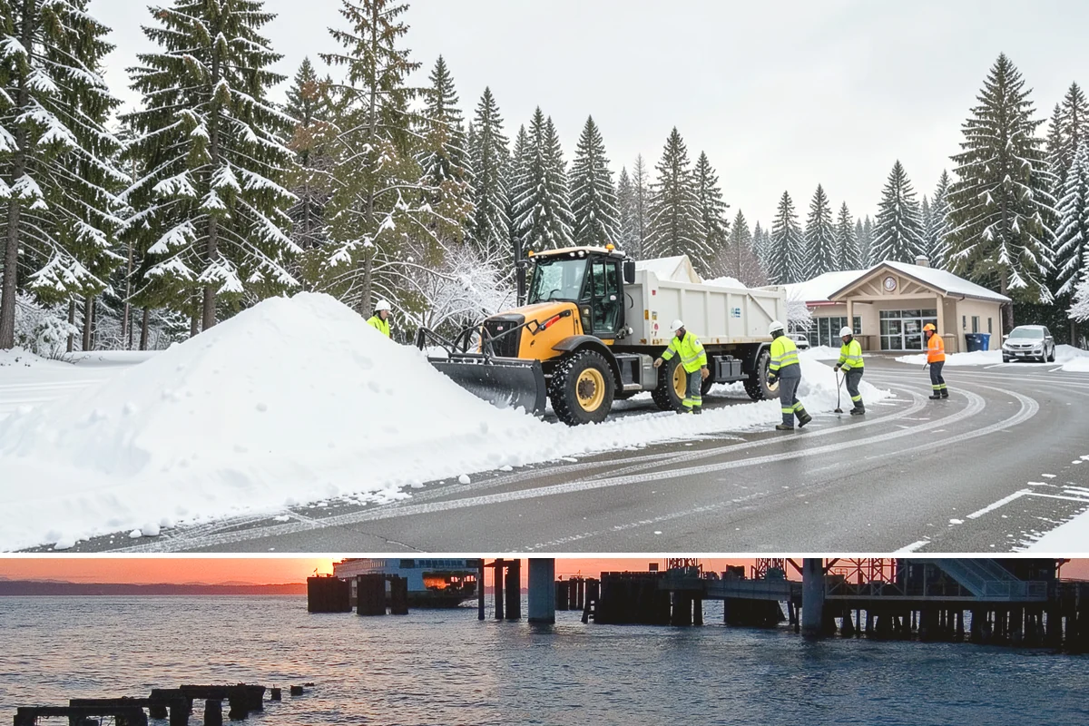 Snow Pusher Service in Edmonds, Snohomish County, WA - Snow pusher service is in demand throughout the lowland snow season from late November through February on large commercial lots.