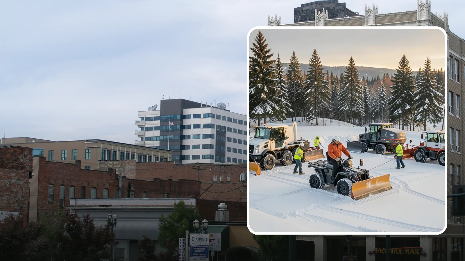 Snow Pusher Service in Everett, Snohomish County, WA - Our box-blade snow pushers clear wide open lots quickly by moving large volumes in every pass.