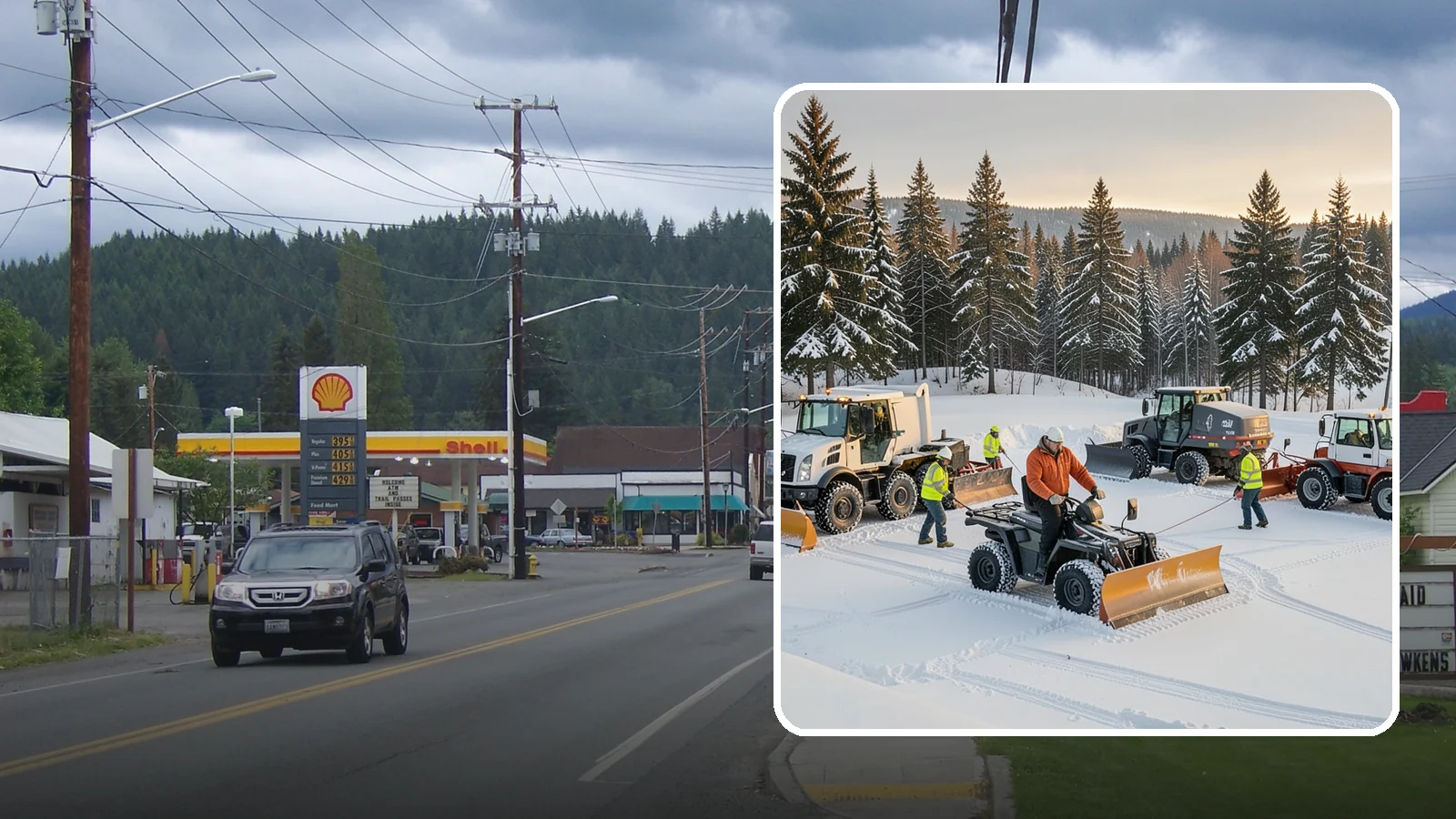 Snow Pusher Service in Granite Falls, Snohomish County, WA - Our box-blade snow pushers clear wide open lots quickly by moving large volumes in every pass.