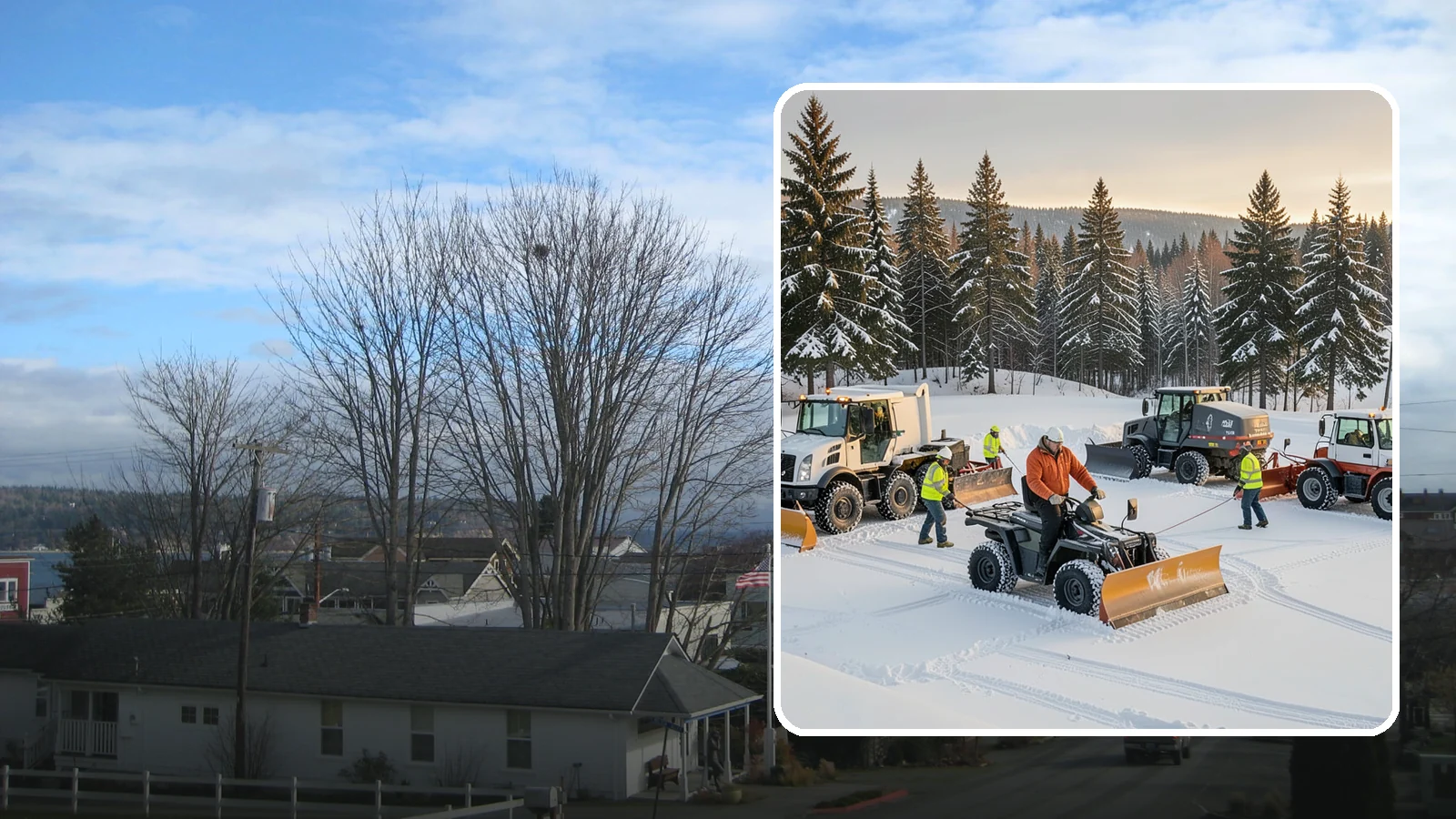 Snow Pusher Service in Langley, Island County, WA - Our box-blade snow pushers clear wide open lots quickly by moving large volumes in every pass.