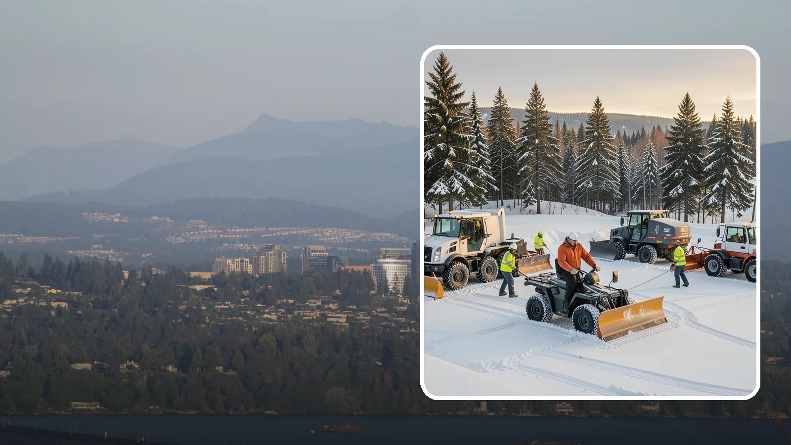 Snow Pusher Service in Medina, King County, WA - Our box-blade snow pushers clear wide open lots quickly by moving large volumes in every pass.