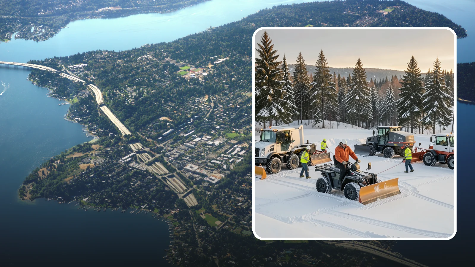 Snow Pusher Service in Mercer Island, King County, WA - Our box-blade snow pushers clear wide open lots quickly by moving large volumes in every pass.
