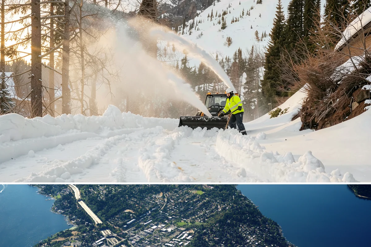 Snow Pusher Service in Mercer Island, King County, WA - Snow pusher service is in demand throughout the lowland snow season from late November through February on large commercial lots.