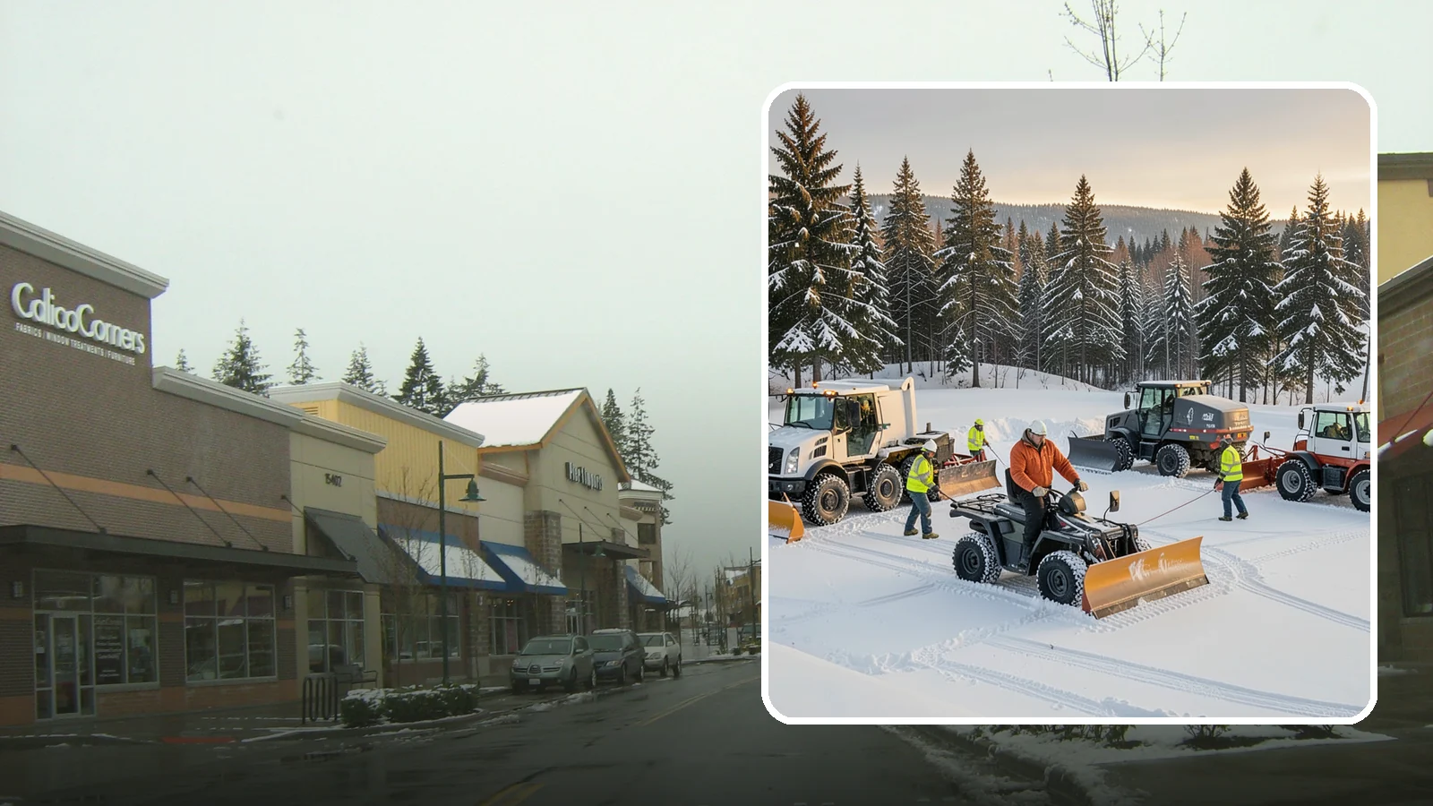 Snow Pusher Service in Mill Creek, Snohomish County, WA - Our box-blade snow pushers clear wide open lots quickly by moving large volumes in every pass.