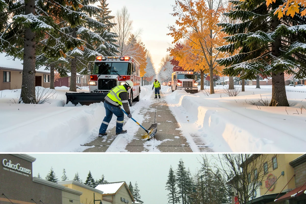 Snow Pusher Service in Mill Creek, Snohomish County, WA - Snow pusher service is in demand throughout the lowland snow season from late November through February on large commercial lots.