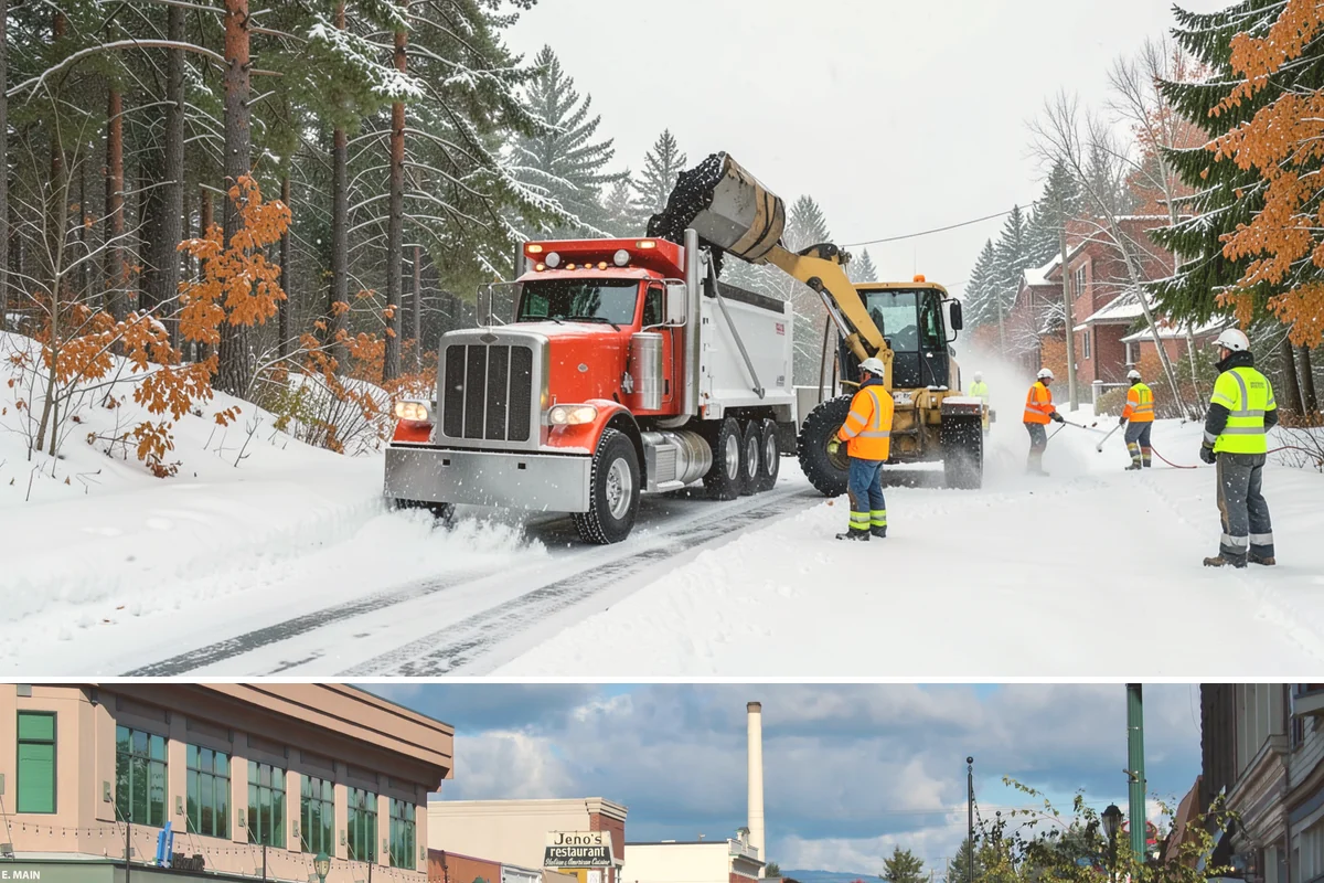 Snow Pusher Service in Monroe, Snohomish County, WA - Snow pusher service is in demand throughout the lowland snow season from late November through February on large commercial lots.