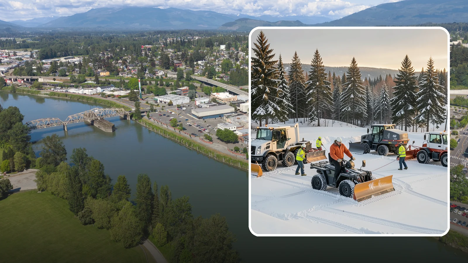Snow Pusher Service in Mount Vernon, Skagit County, WA - Our box-blade snow pushers clear wide open lots quickly by moving large volumes in every pass.