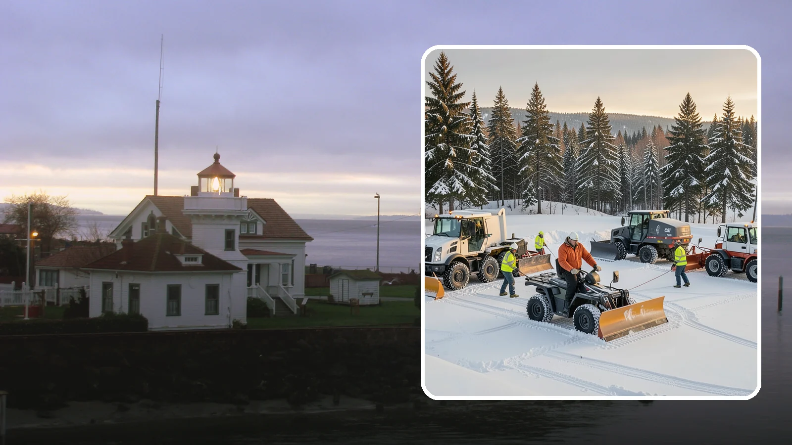Snow Pusher Service in Mukilteo, Snohomish County, WA - Our box-blade snow pushers clear wide open lots quickly by moving large volumes in every pass.