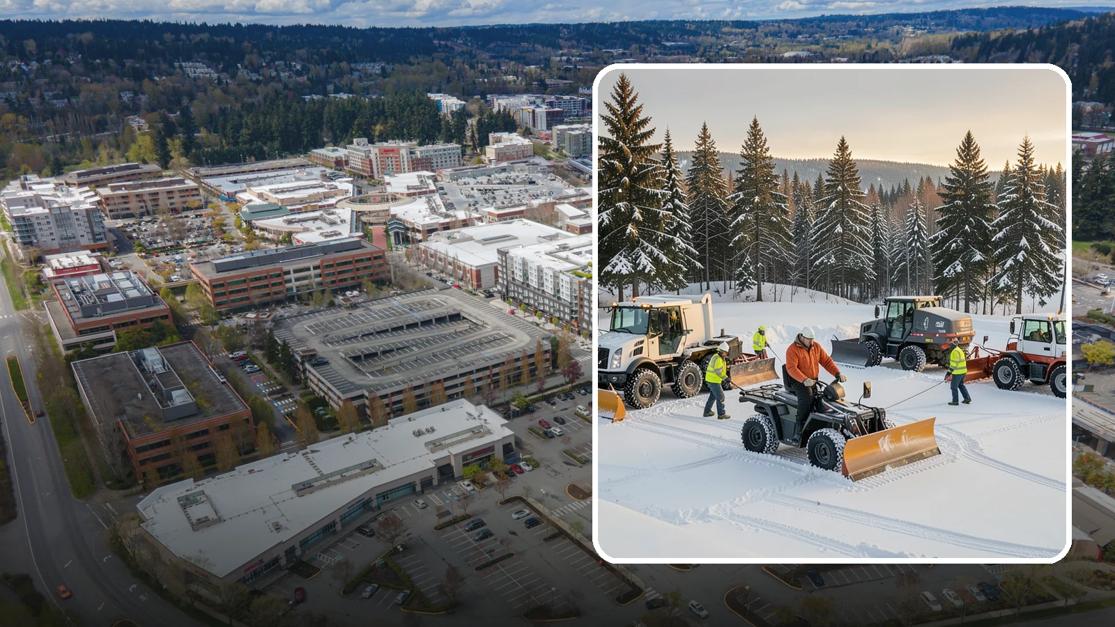 Snow Pusher Service in Redmond, King County, WA - Our box-blade snow pushers clear wide open lots quickly by moving large volumes in every pass.