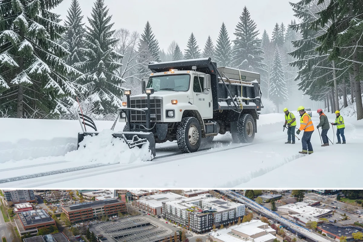 Snow Pusher Service in Redmond, King County, WA - Snow pusher service is in demand throughout the lowland snow season from late November through February on large commercial lots.