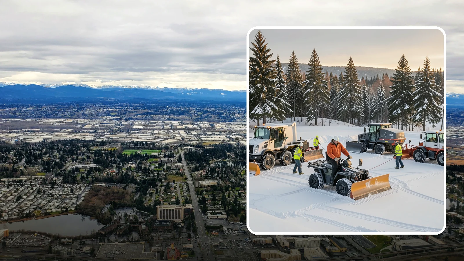 Snow Pusher Service in SeaTac, King County, WA - Our box-blade snow pushers clear wide open lots quickly by moving large volumes in every pass.