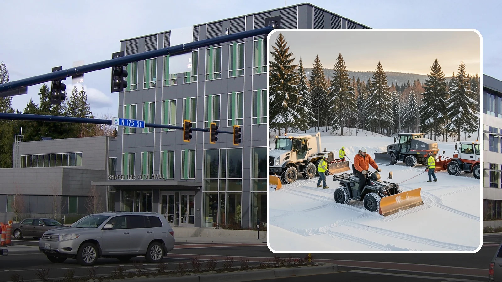 Snow Pusher Service in Shoreline, King County, WA - Our box-blade snow pushers clear wide open lots quickly by moving large volumes in every pass.