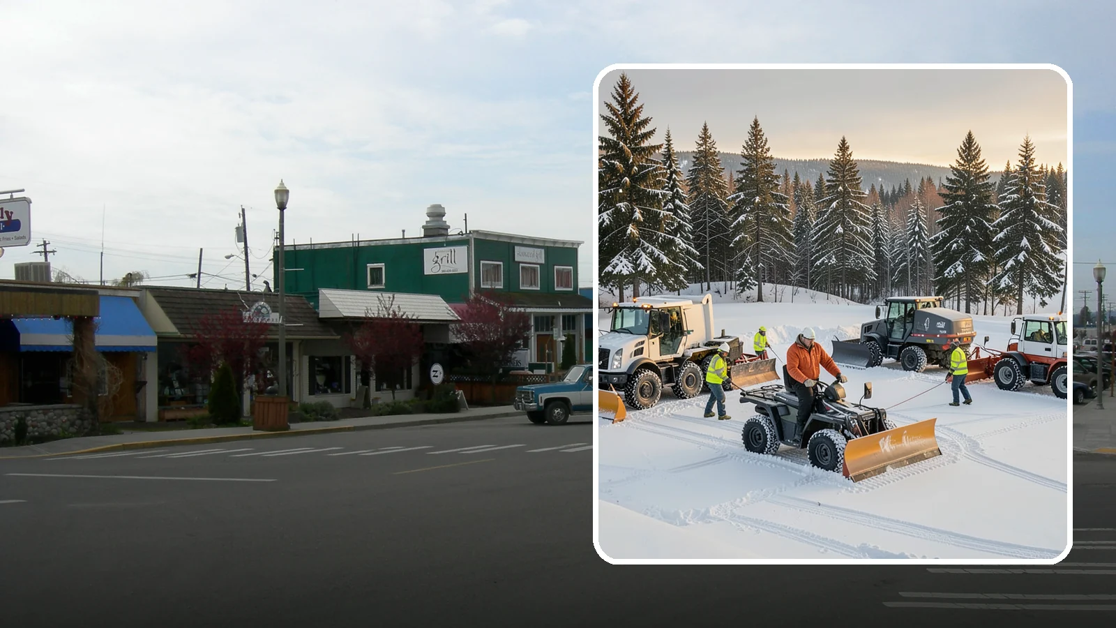 Snow Pusher Service in Stanwood, Snohomish County, WA - Our box-blade snow pushers clear wide open lots quickly by moving large volumes in every pass.