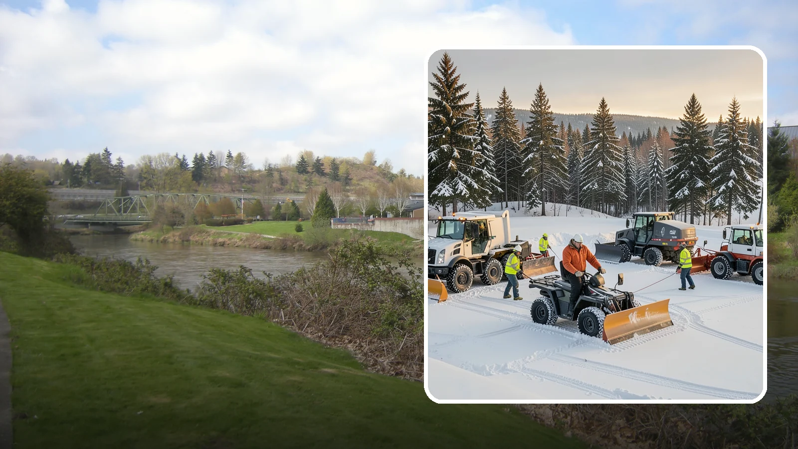 Snow Pusher Service in Tukwila, King County, WA - Our box-blade snow pushers clear wide open lots quickly by moving large volumes in every pass.