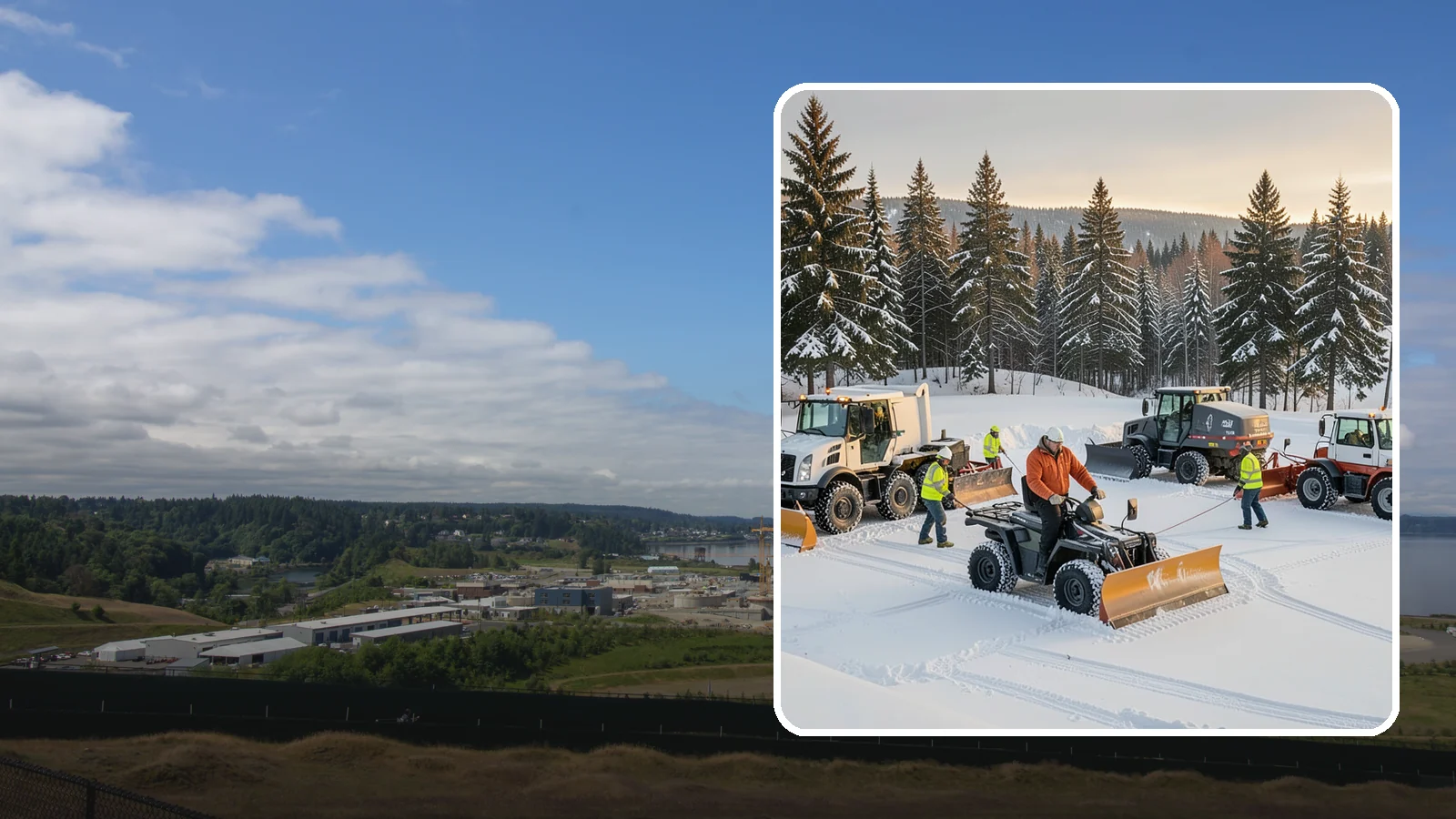 Snow Pusher Service in University Place, Pierce County, WA - Our box-blade snow pushers clear wide open lots quickly by moving large volumes in every pass.