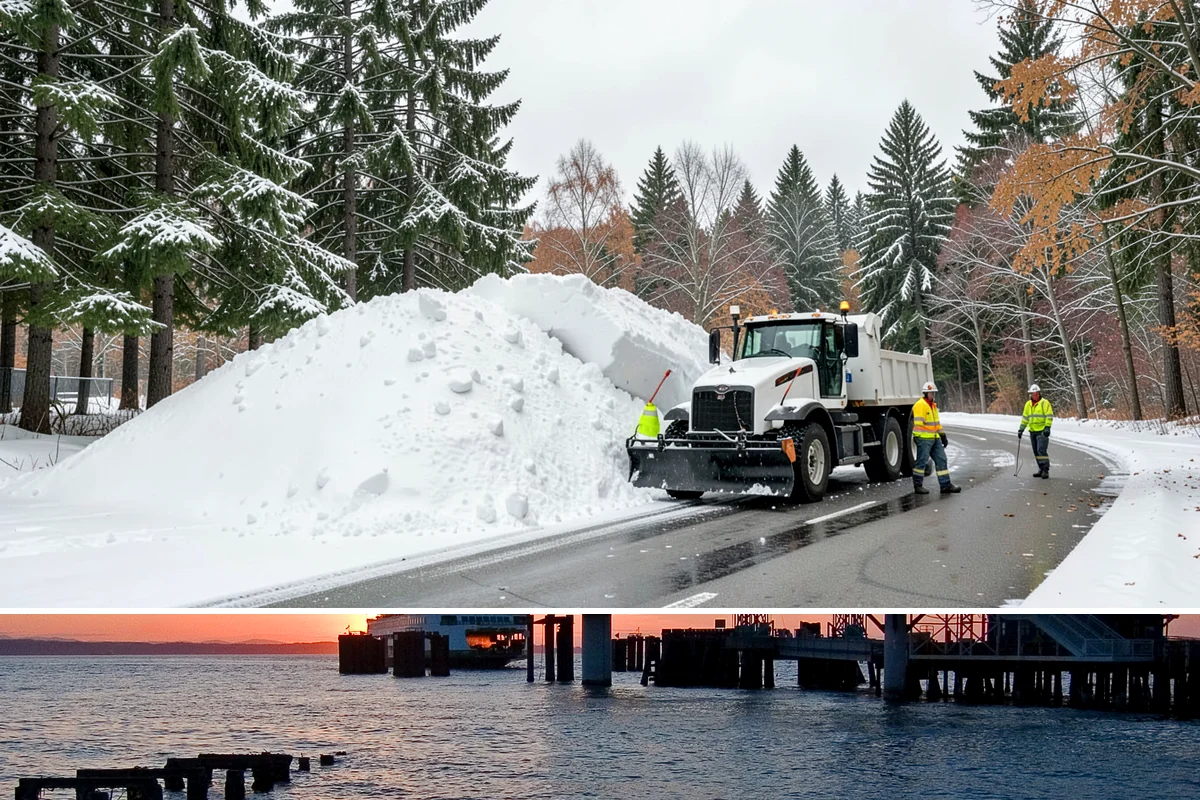 Snow Stacking in Edmonds, Snohomish County, WA - Snow stacking matters throughout the plowing season as each storm adds to the piles that must stay organized and out of the way.