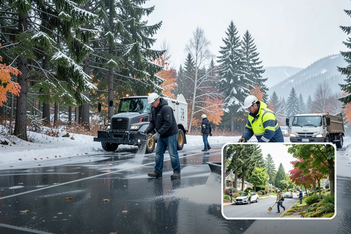 Snowmelt Flooding Cleanup in Beaux Arts Village, King County, WA - Rapid clearing of ponded meltwater before it refreezes into sheets