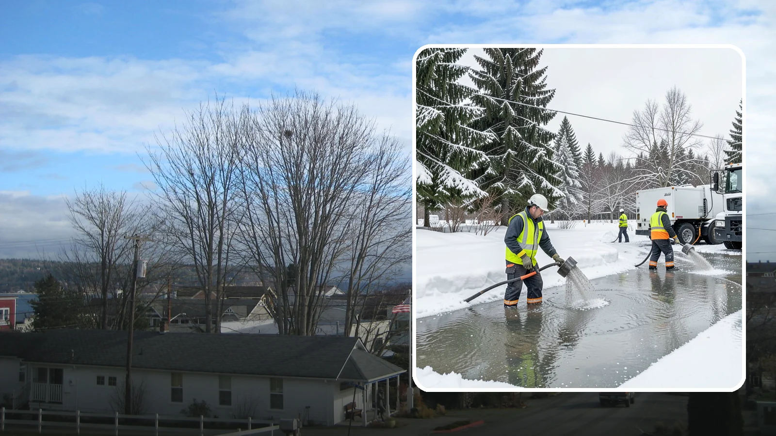 Snowmelt Flooding Cleanup in Langley, Island County, WA - When rapid snowmelt floods your property, we clear the water and treat surfaces before the refreeze sets in.