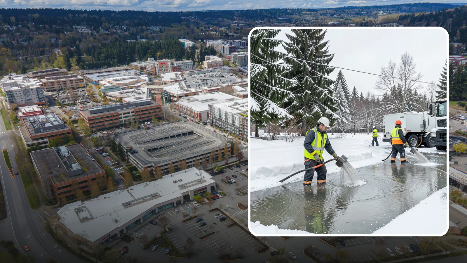 Snowmelt Flooding Cleanup in Redmond, King County, WA - When rapid snowmelt floods your property, we clear the water and treat surfaces before the refreeze sets in.