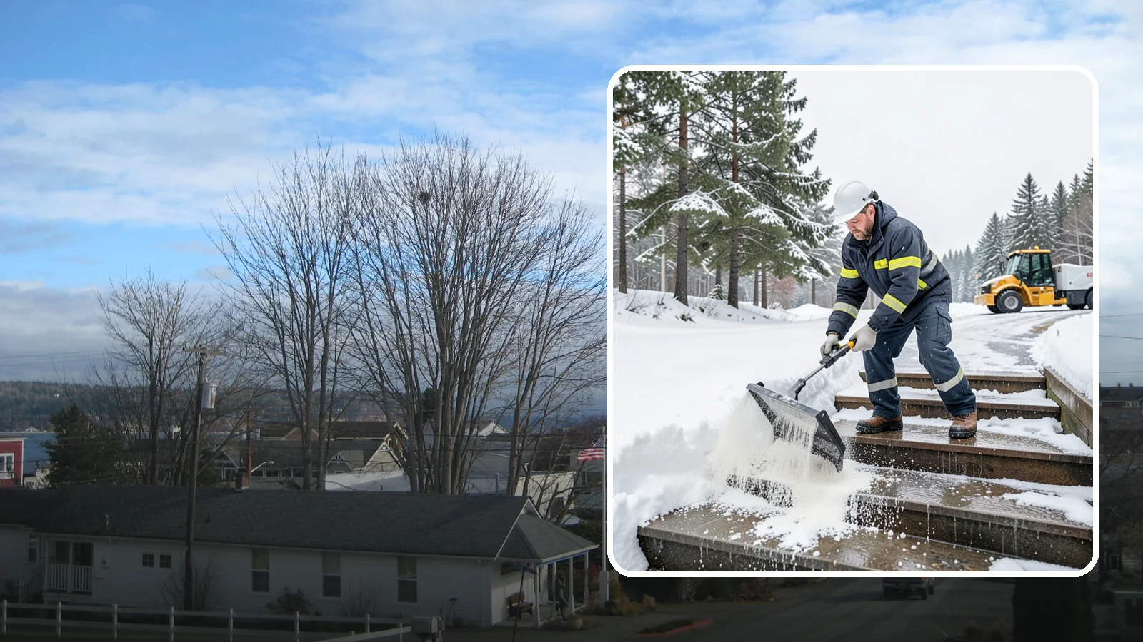 Stair Deicing in Langley, Island County, WA - We treat exterior stairs with the right deicer to stop ice from forming on treads and landings.