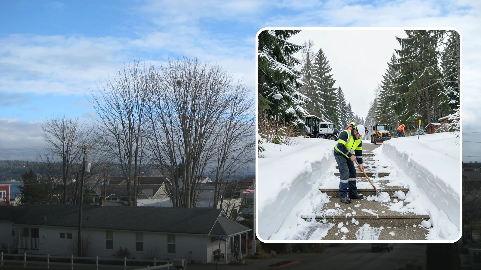 Stair Snow Removal in Langley, Island County, WA - We clear exterior stairs tread by tread so every step is safe underfoot after a snowfall.