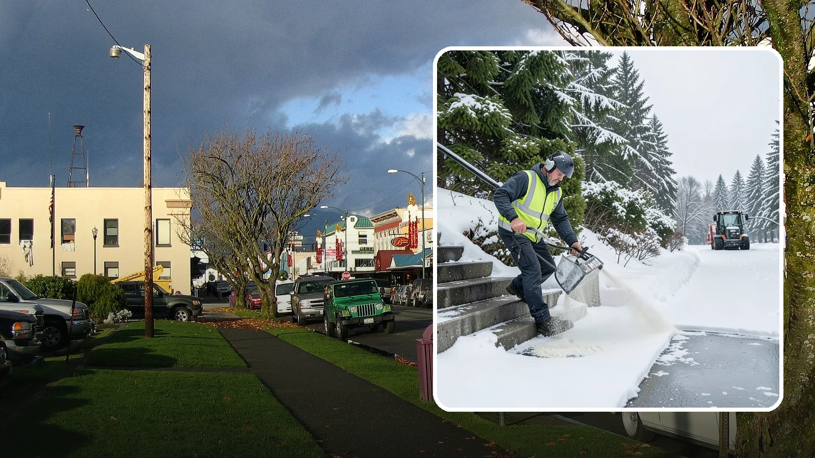Stairs Deicing in Arlington, Snohomish County, WA - Deicing of exterior stairs to clear the invisible glaze that makes steps the most fall-prone surface in a freeze.