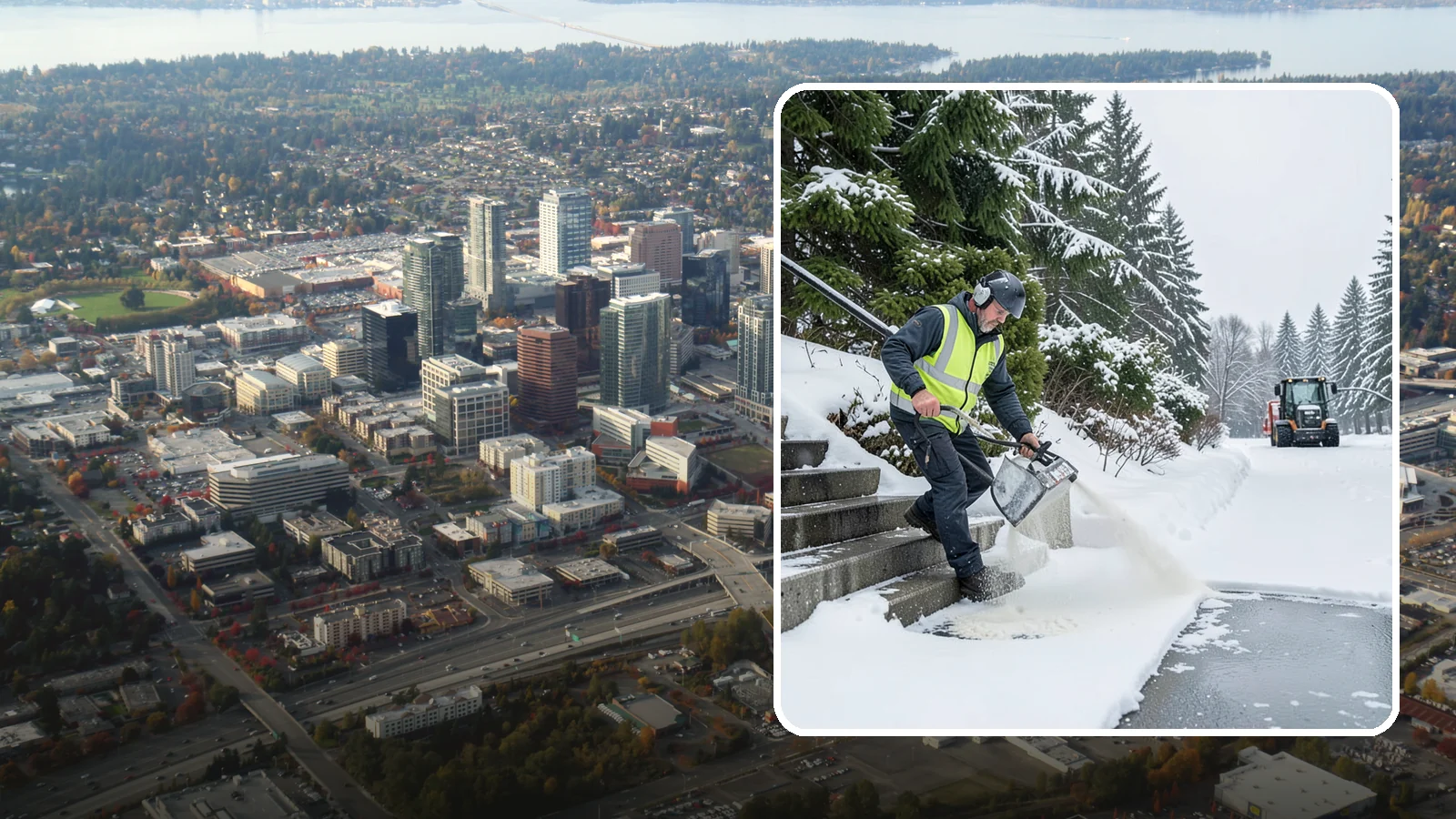 Stairs Deicing in Bellevue, King County, WA - Deicing of exterior stairs to clear the invisible glaze that makes steps the most fall-prone surface in a freeze.