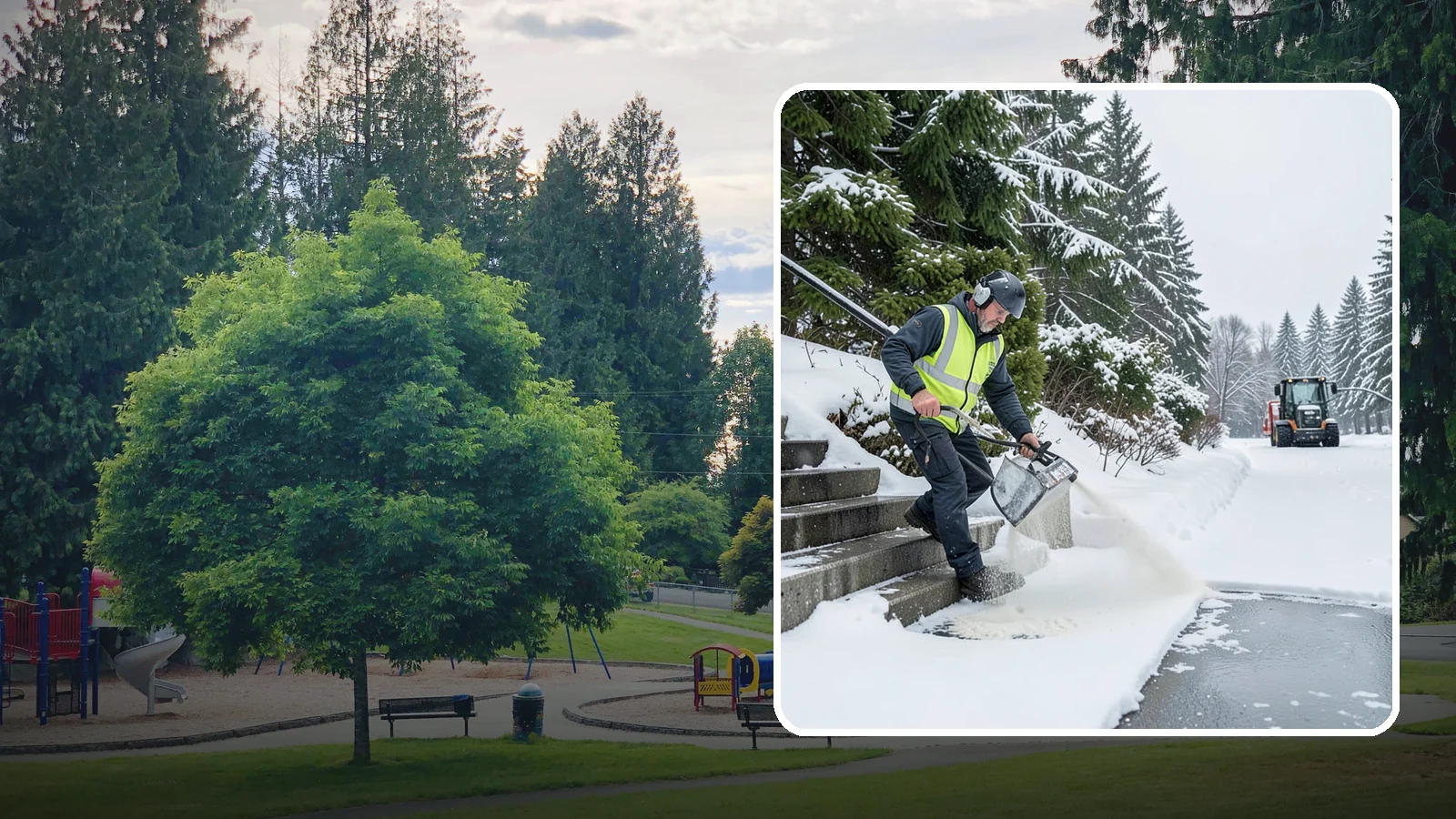 Stairs Deicing in Bonney Lake, Pierce County, WA - Deicing of exterior stairs to clear the invisible glaze that makes steps the most fall-prone surface in a freeze.