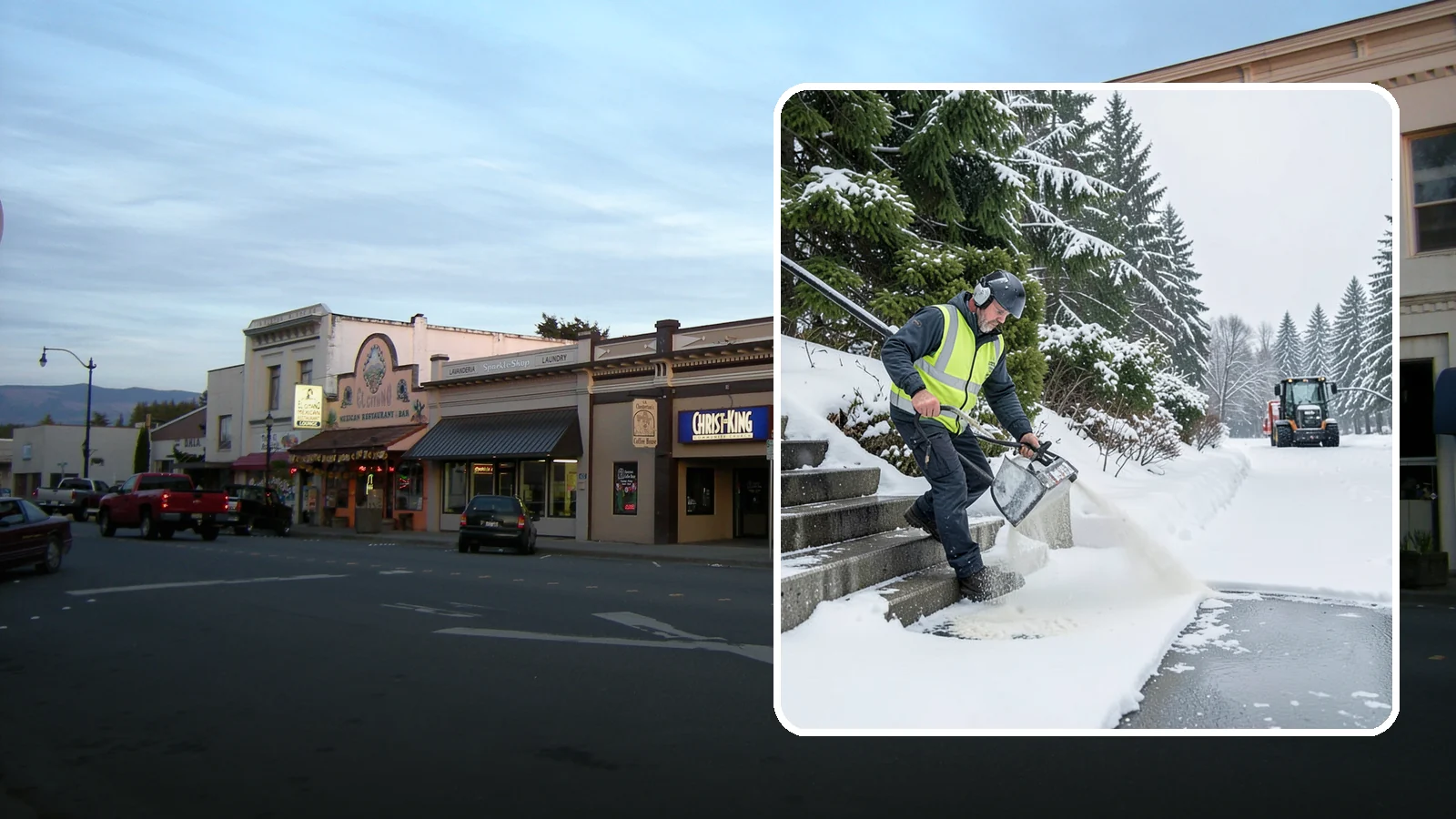 Stairs Deicing in Burlington, Skagit County, WA - Deicing of exterior stairs to clear the invisible glaze that makes steps the most fall-prone surface in a freeze.
