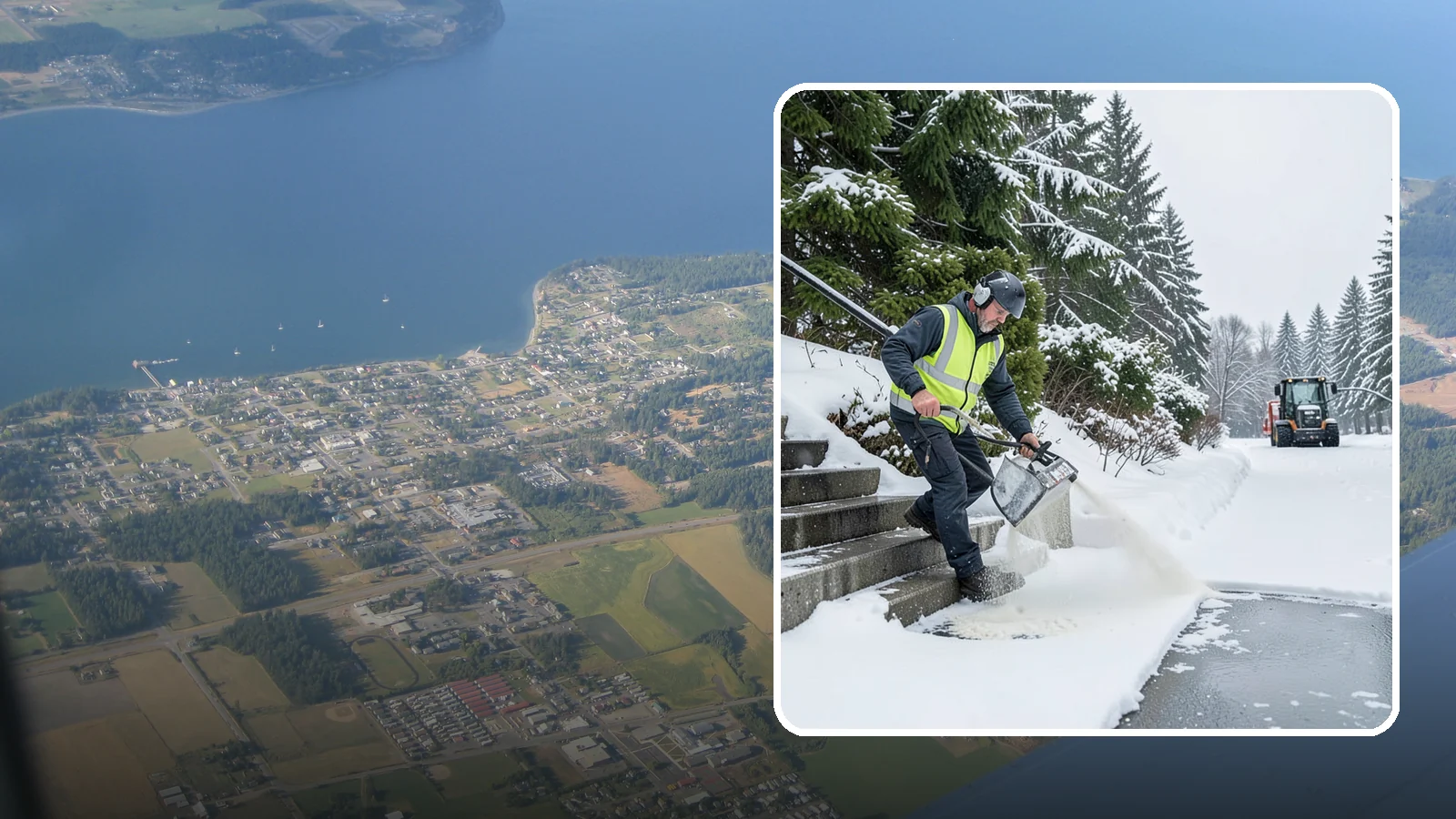 Stairs Deicing in Coupeville, Island County, WA - Deicing of exterior stairs to clear the invisible glaze that makes steps the most fall-prone surface in a freeze.