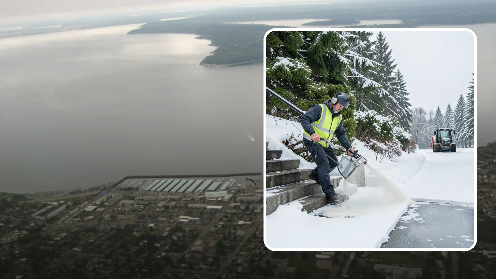 Stairs Deicing in Des Moines, King County, WA - Deicing of exterior stairs to clear the invisible glaze that makes steps the most fall-prone surface in a freeze.