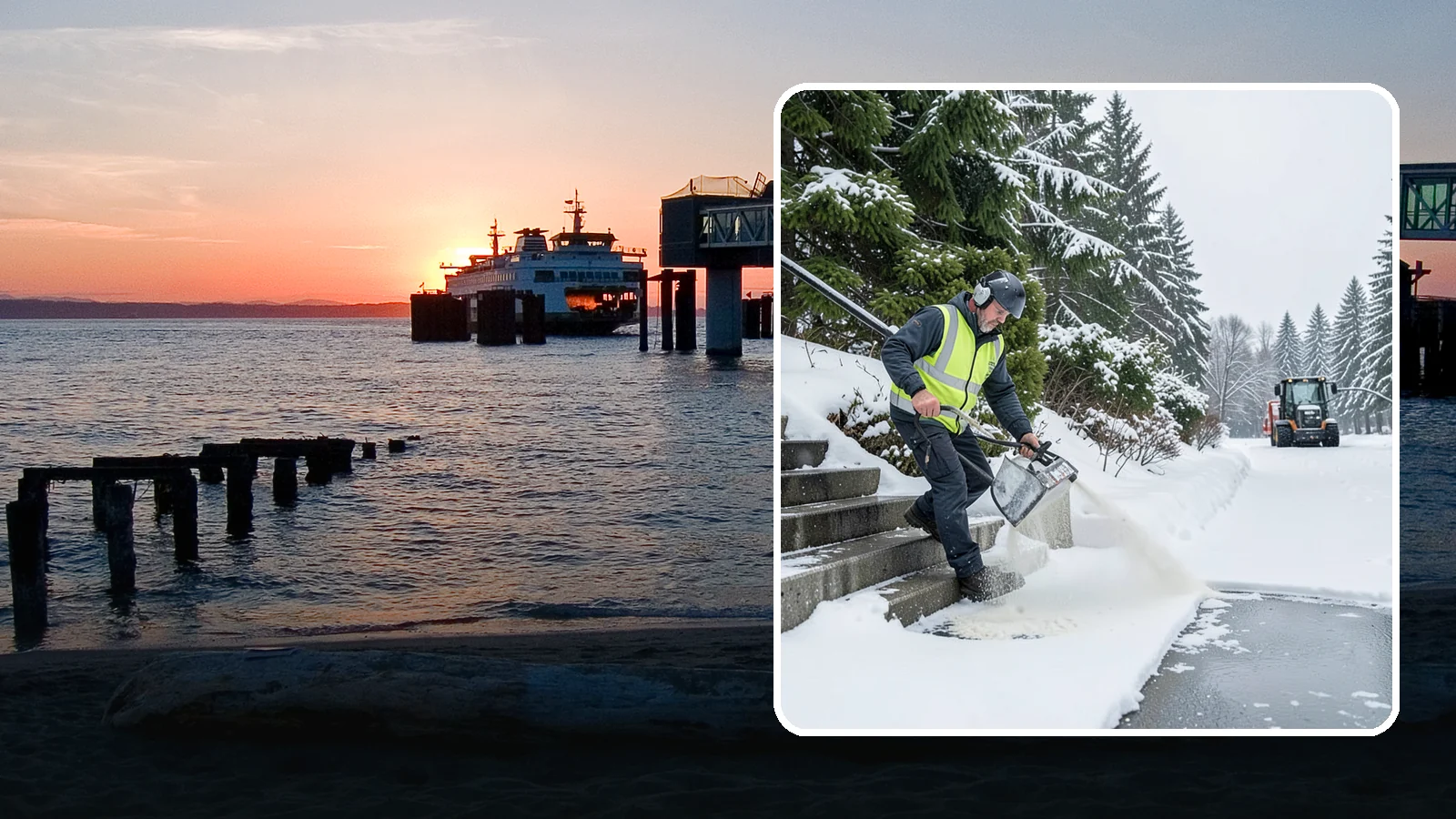 Stairs Deicing in Edmonds, Snohomish County, WA - Deicing of exterior stairs to clear the invisible glaze that makes steps the most fall-prone surface in a freeze.