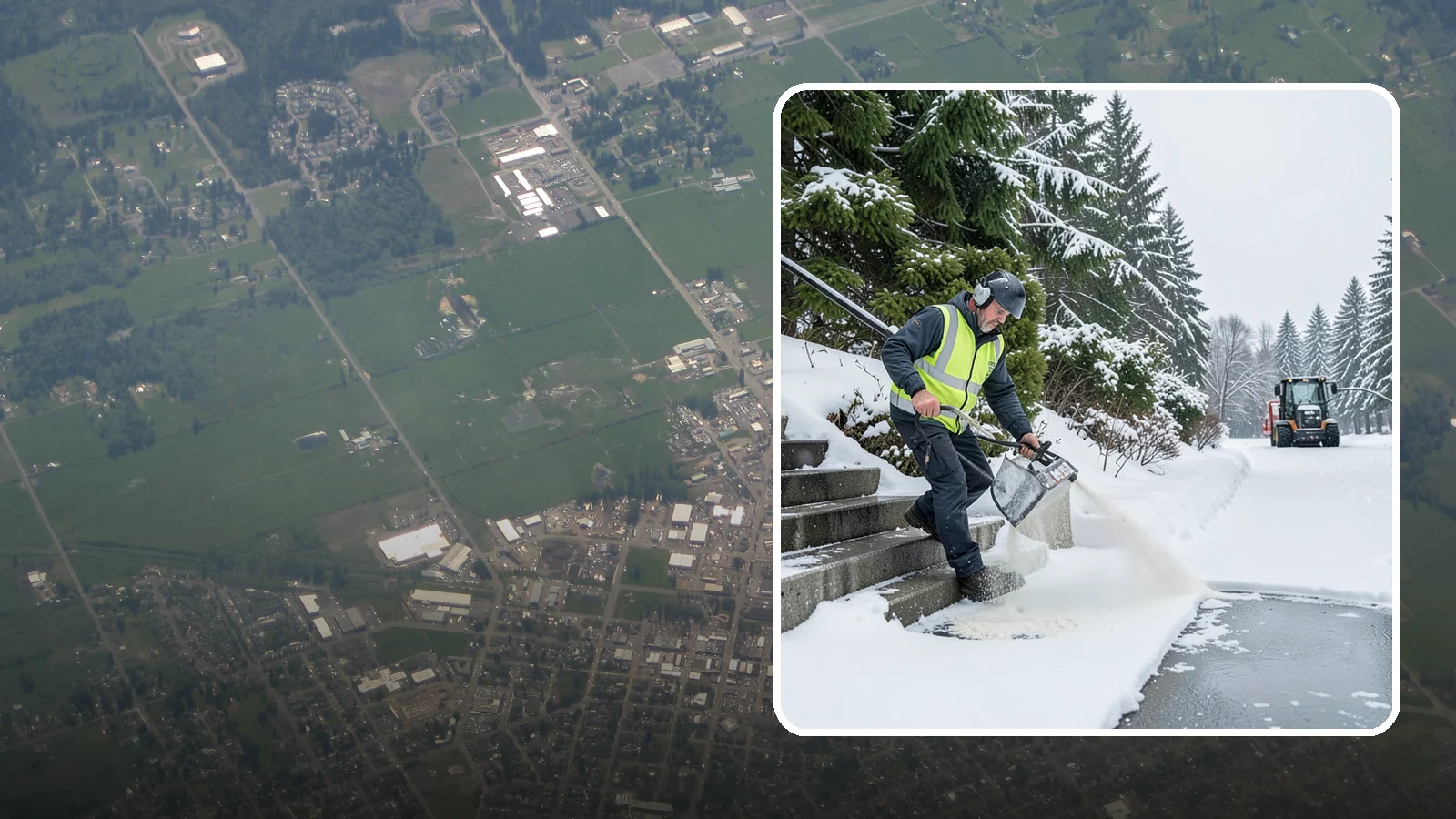 Stairs Deicing in Enumclaw, King County, WA - Deicing of exterior stairs to clear the invisible glaze that makes steps the most fall-prone surface in a freeze.
