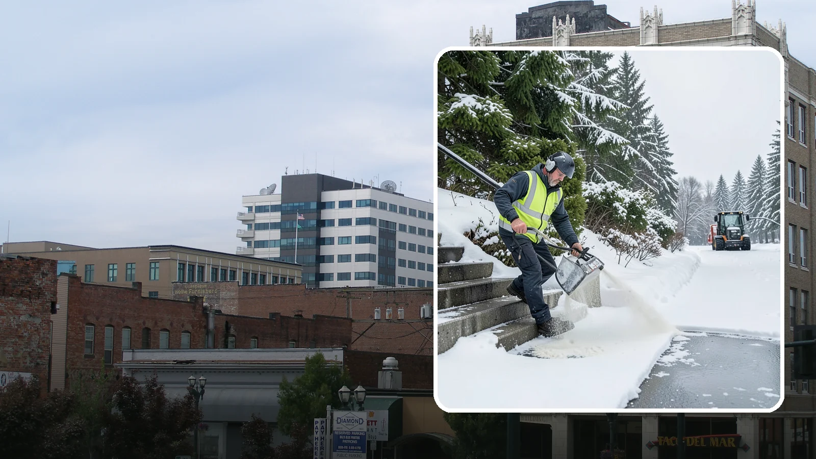 Stairs Deicing in Everett, Snohomish County, WA - Deicing of exterior stairs to clear the invisible glaze that makes steps the most fall-prone surface in a freeze.