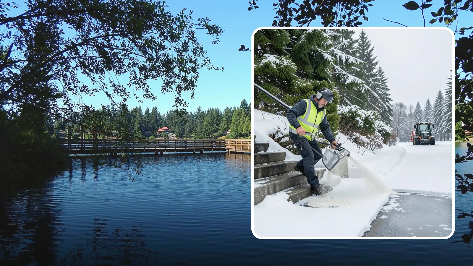 Stairs Deicing in Federal Way, King County, WA - Deicing of exterior stairs to clear the invisible glaze that makes steps the most fall-prone surface in a freeze.